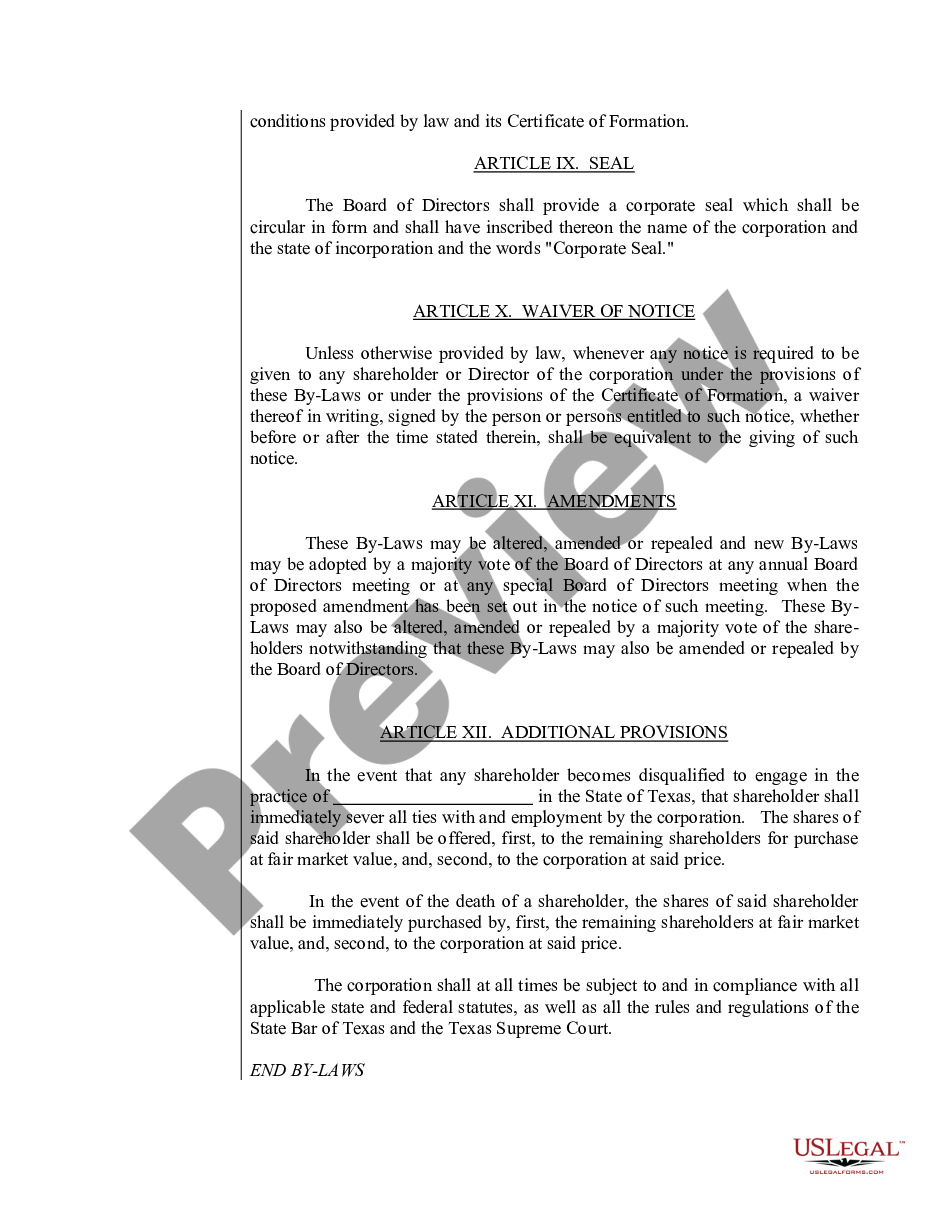 page 9 Sample Bylaws for a Texas Professional Corporation preview