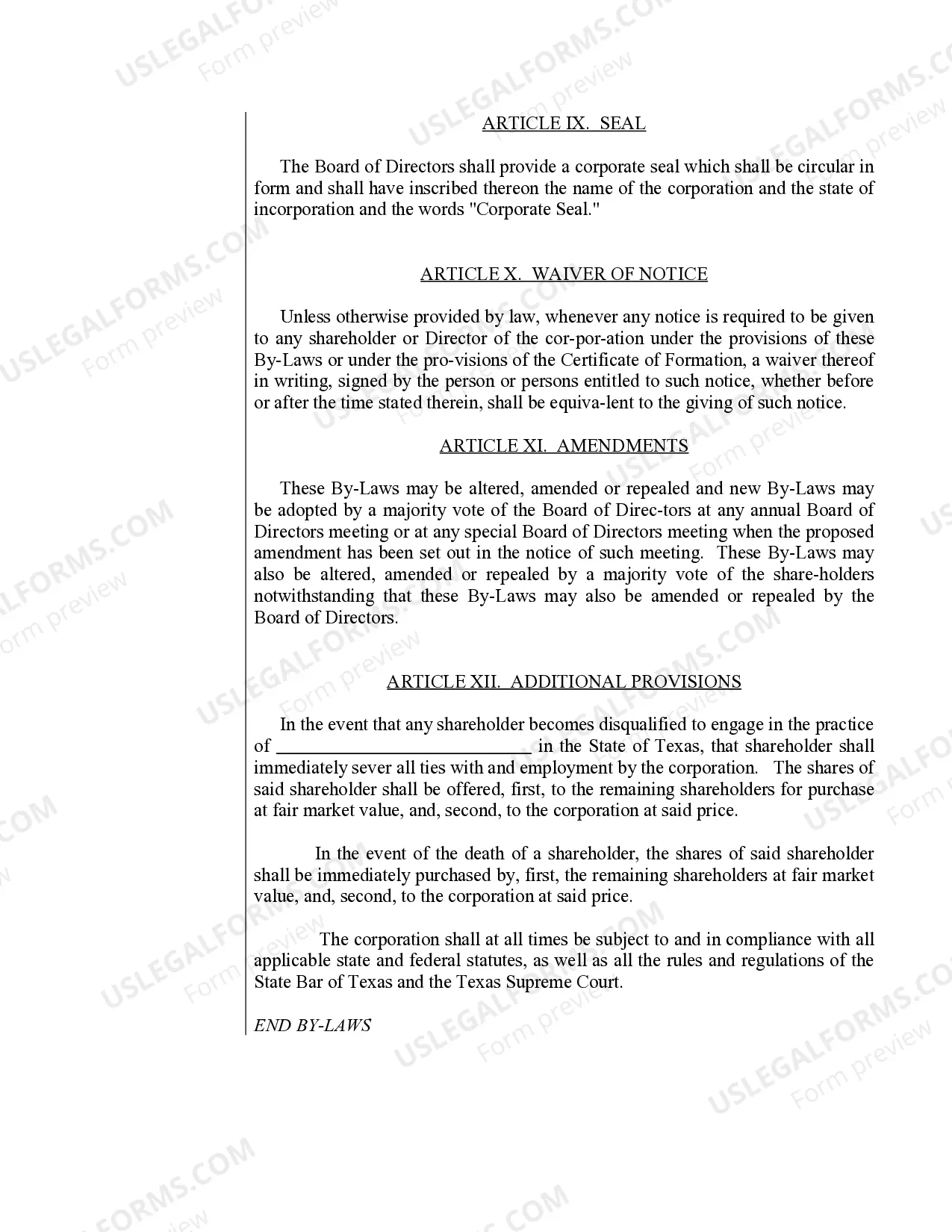 Preview Sample Bylaws for a Texas Professional Corporation