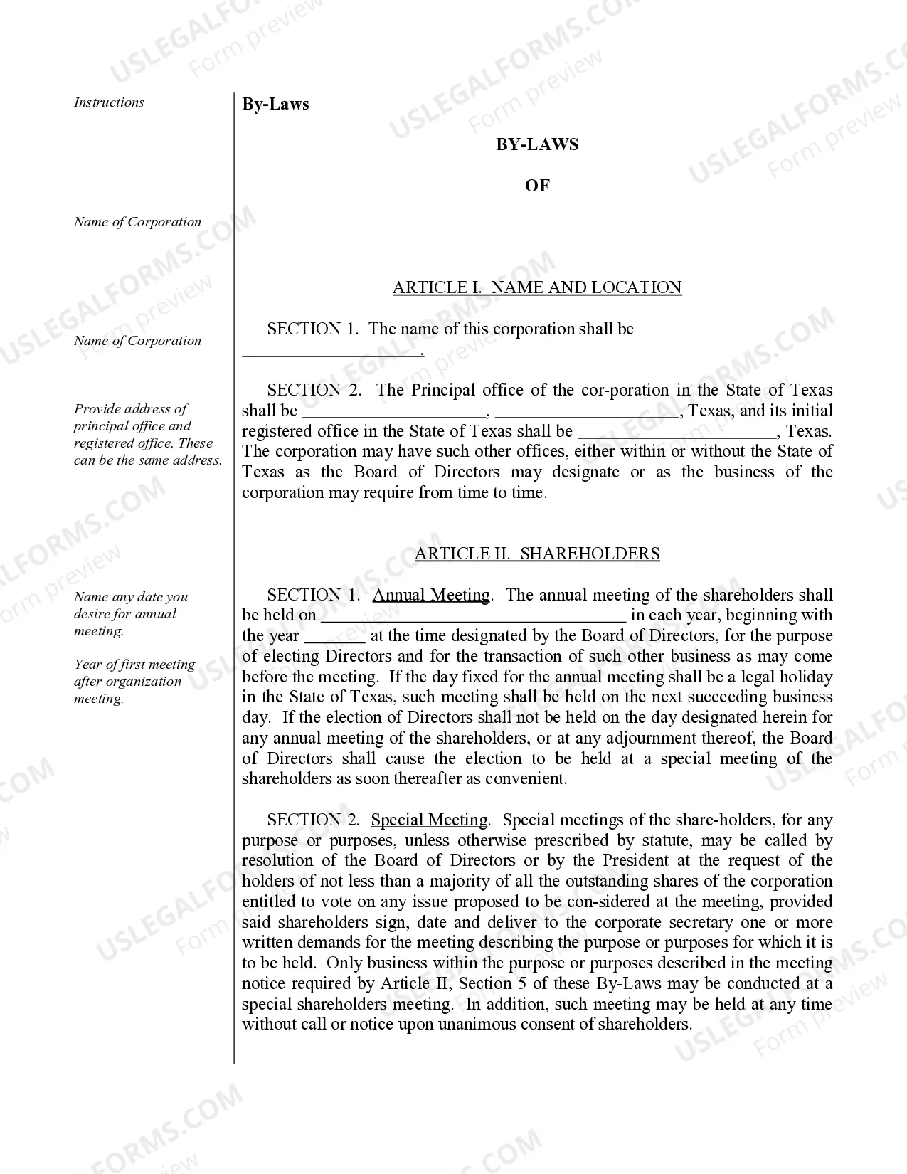 Preview Sample Bylaws for a Texas Professional Corporation