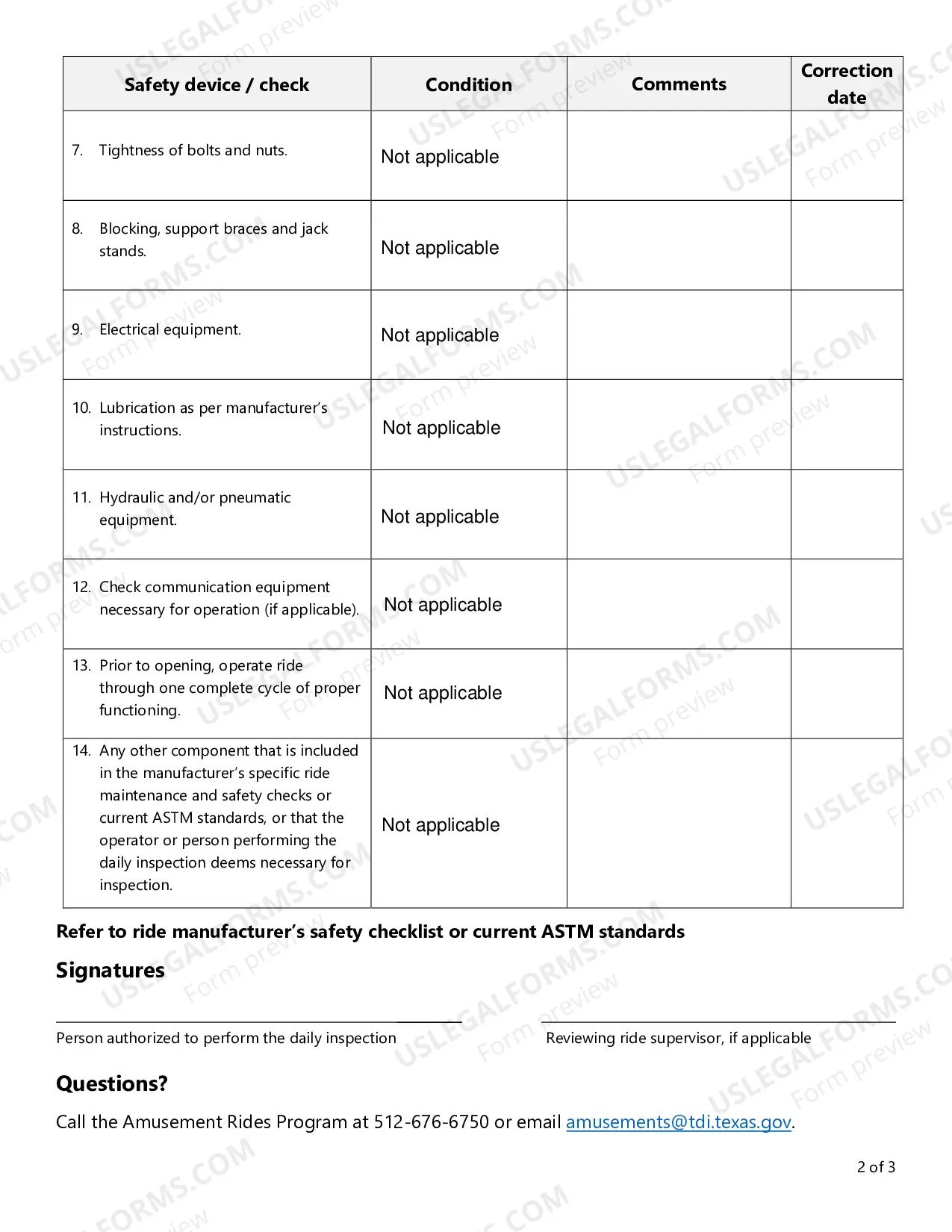 Preview Texas Amusement Ride Safety Inspection and Insurance Act Daily Inspection Record