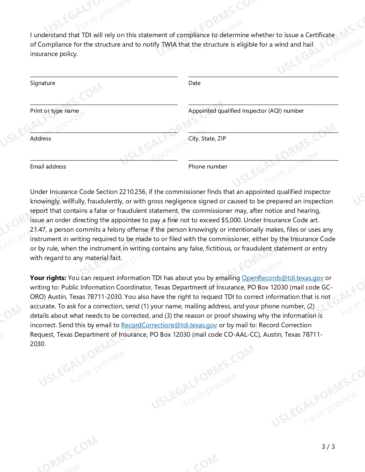 Preview Inspection Verification Form