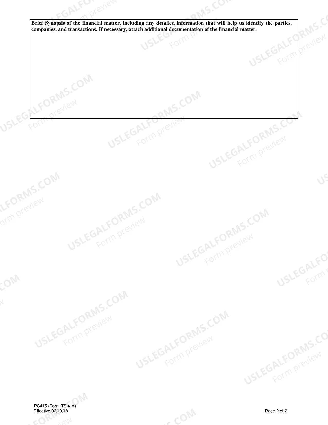 Preview Financial Matter Disclosure Report (Form T-S4-A)
