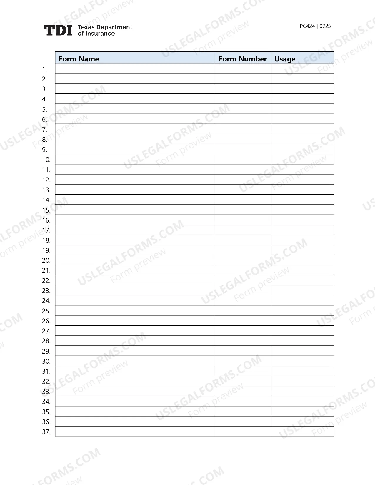 Preview Form Usage Table