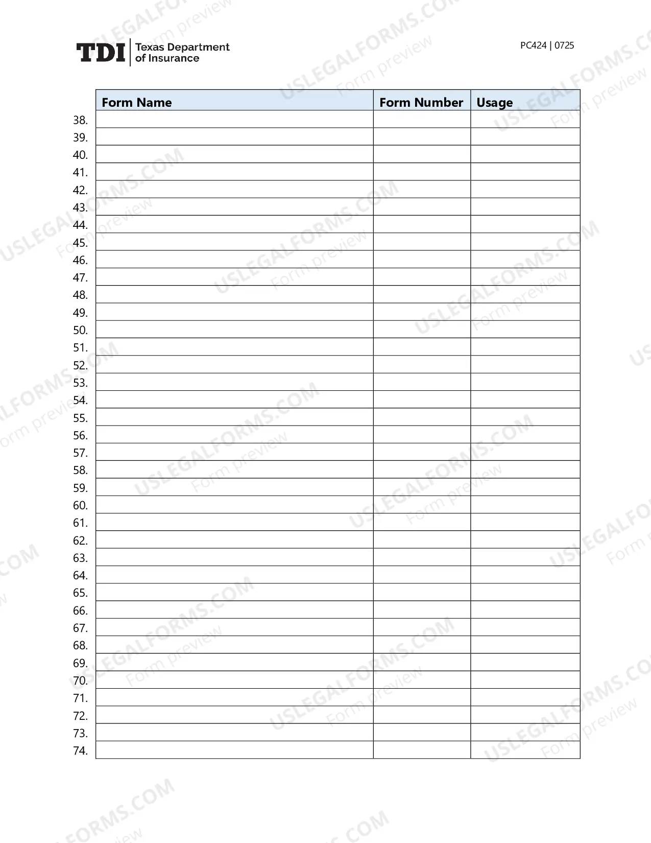 Preview Form Usage Table