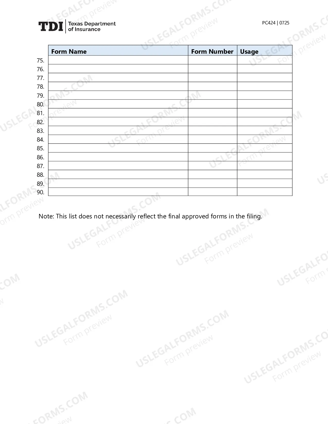 Preview Form Usage Table