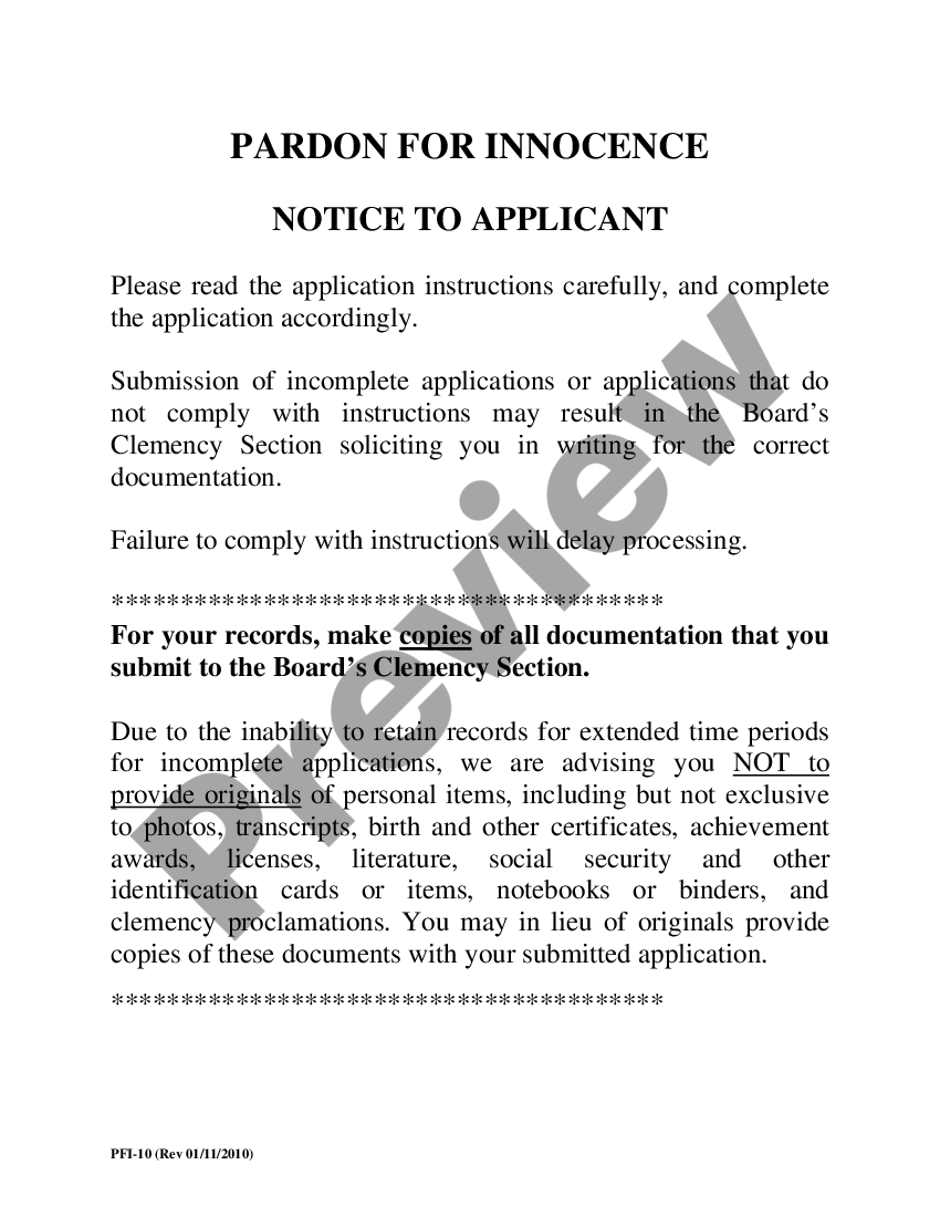 Texas Pardon for Innocence US Legal Forms
