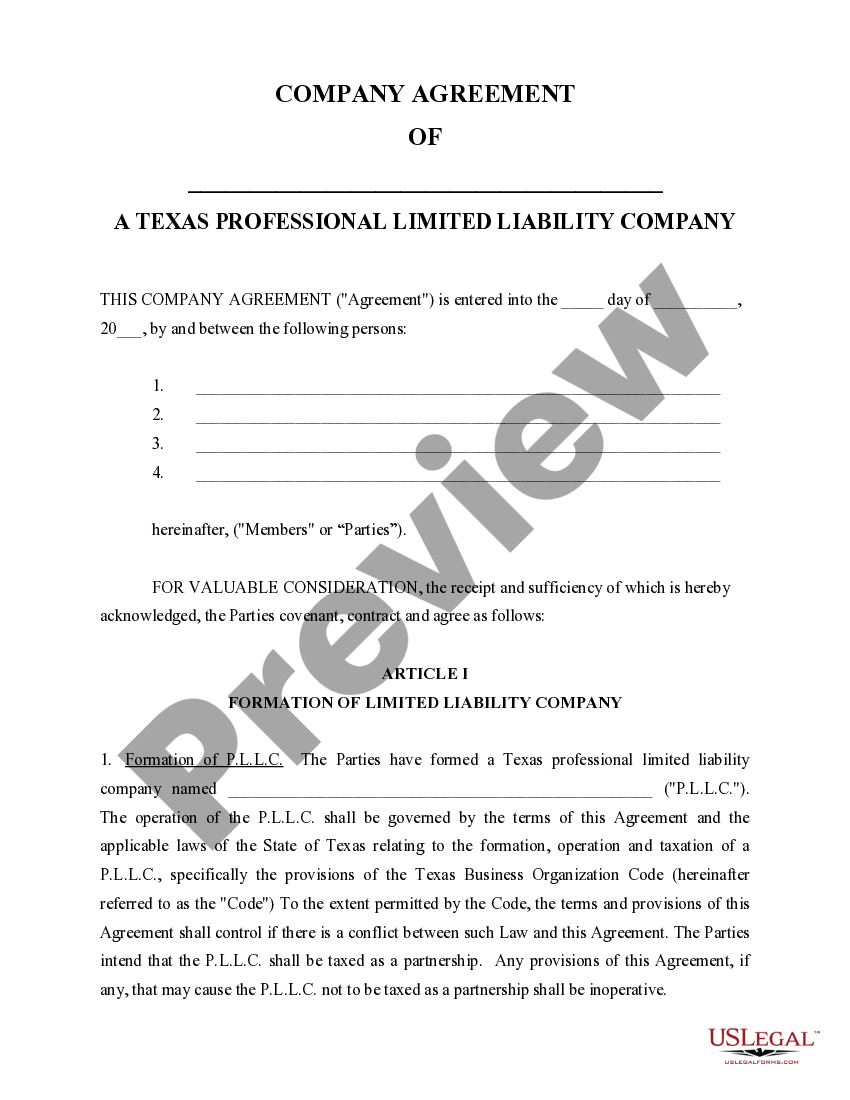 Texas Sample Operating Agreement for Professional Limited Liability