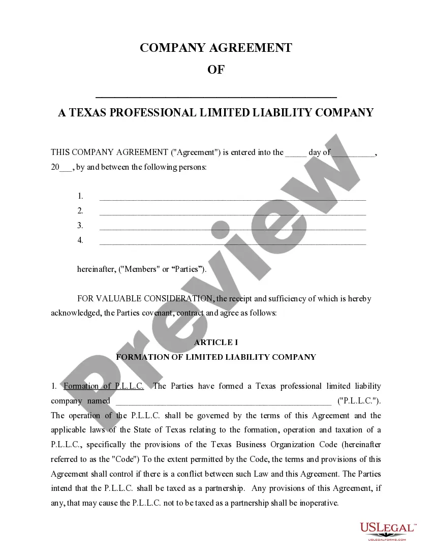 Preview Sample Operating Agreement for Professional Limited Liability Company PLLC
