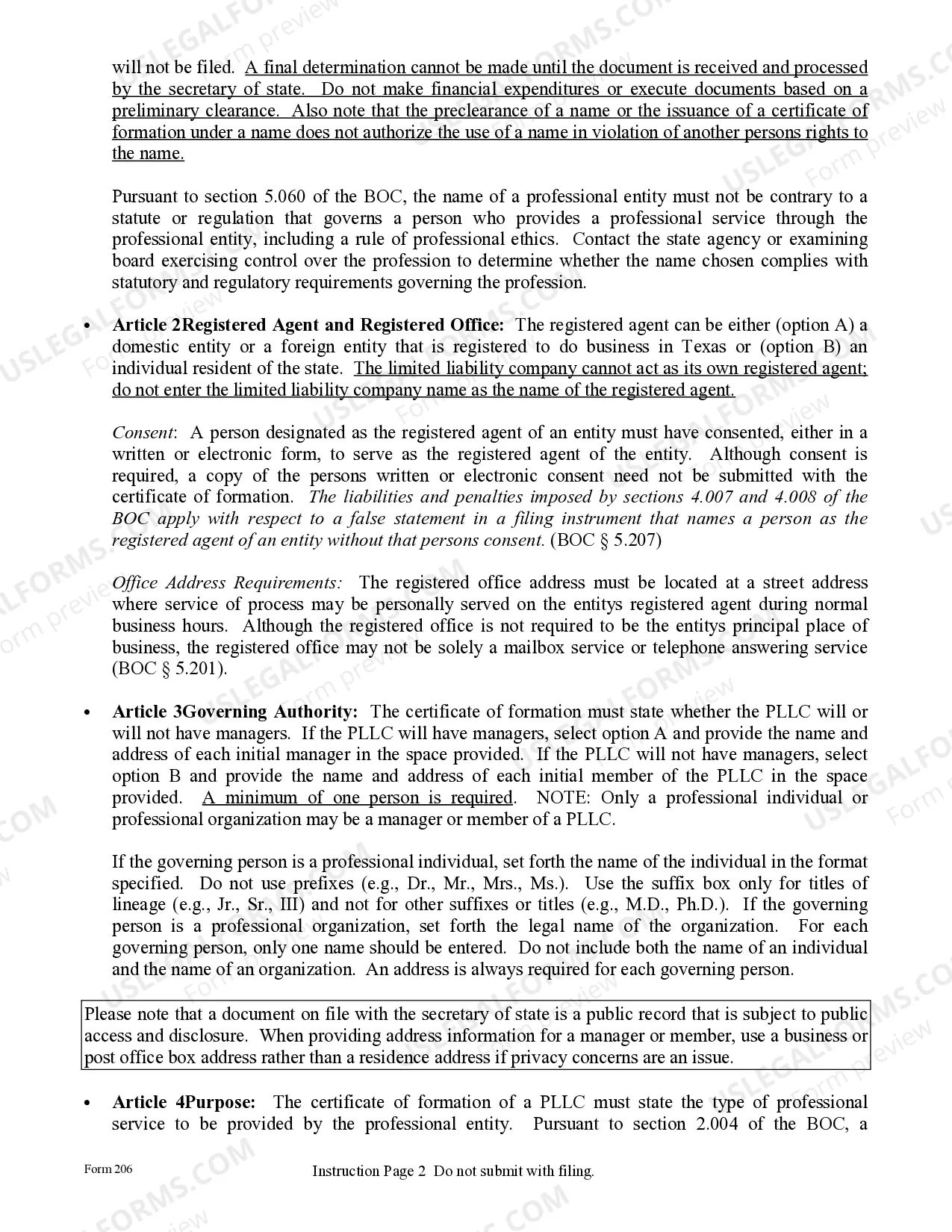 Preview Texas Articles of Organization for Professional Limited Liability Company PLLC