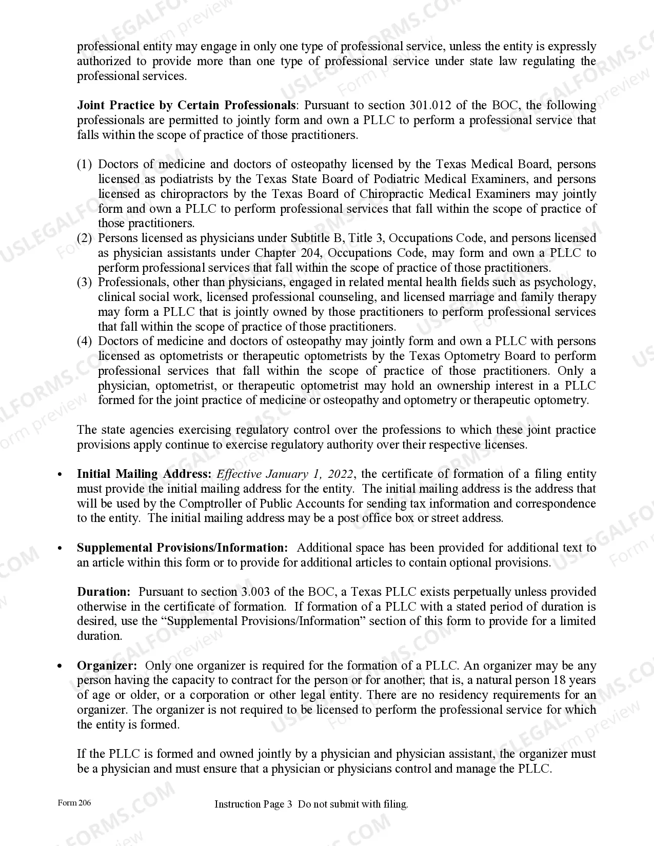 Preview Texas Articles of Organization for Professional Limited Liability Company PLLC