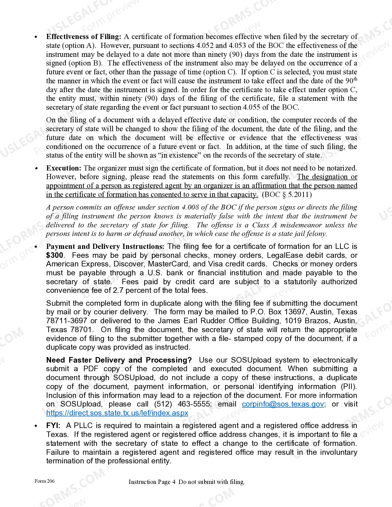 Preview Texas Articles of Organization for Professional Limited Liability Company PLLC