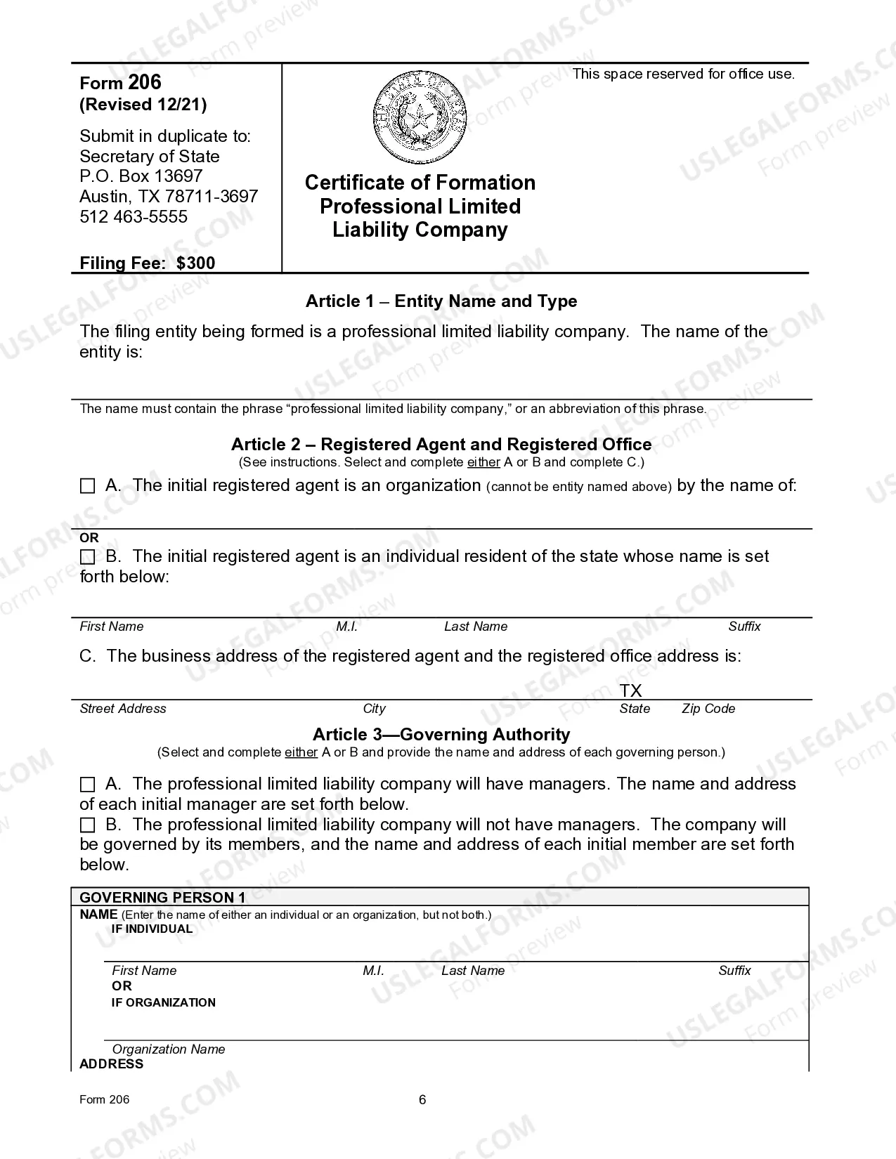 Preview Texas Articles of Organization for Professional Limited Liability Company PLLC
