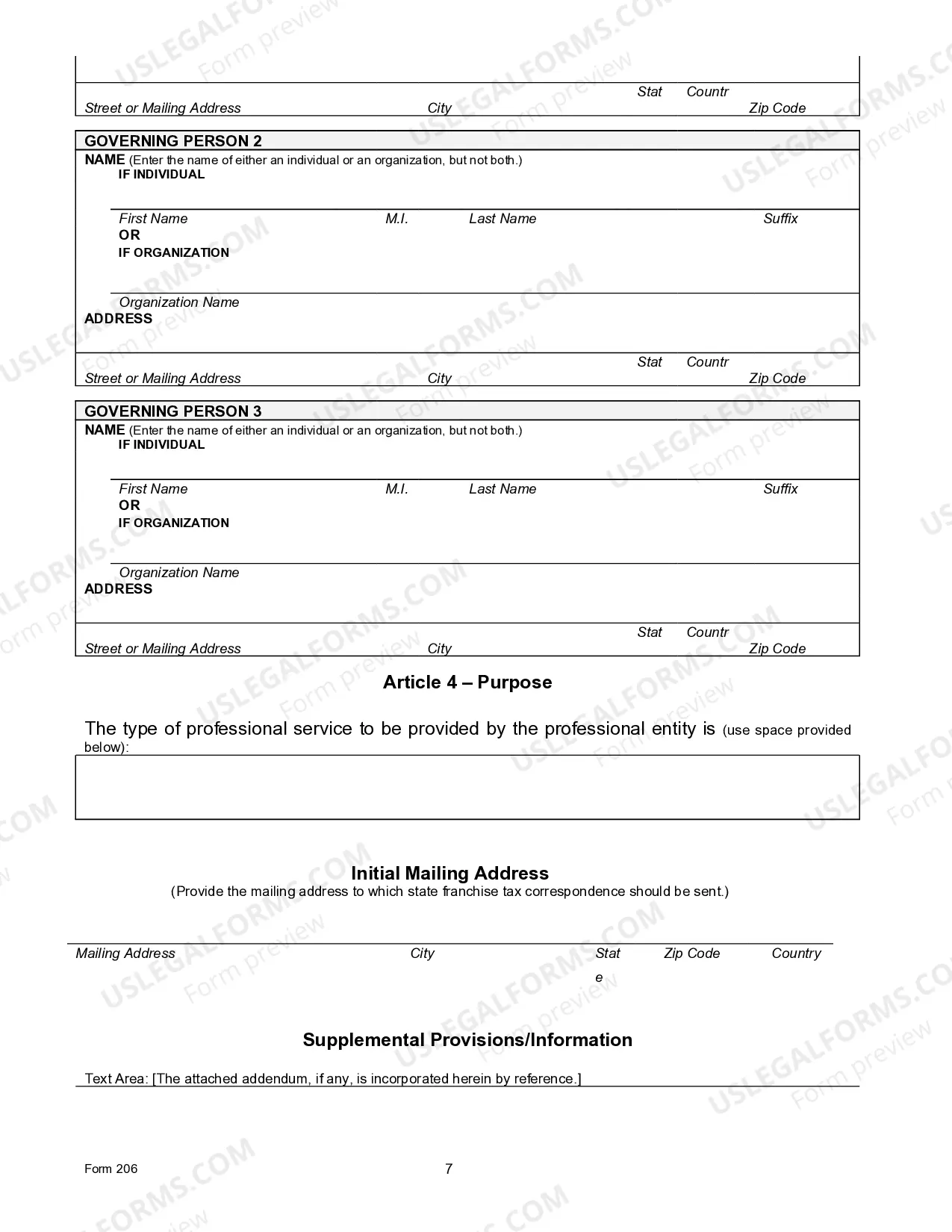 Preview Texas Articles of Organization for Professional Limited Liability Company PLLC