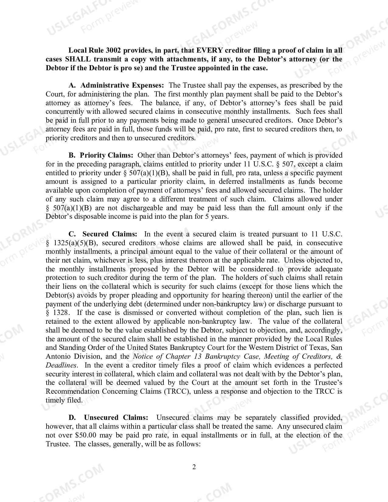 Preview Chapter 13 Plan Form - San Antonio Division (Effective for cases filed prior to November 1, 2017)