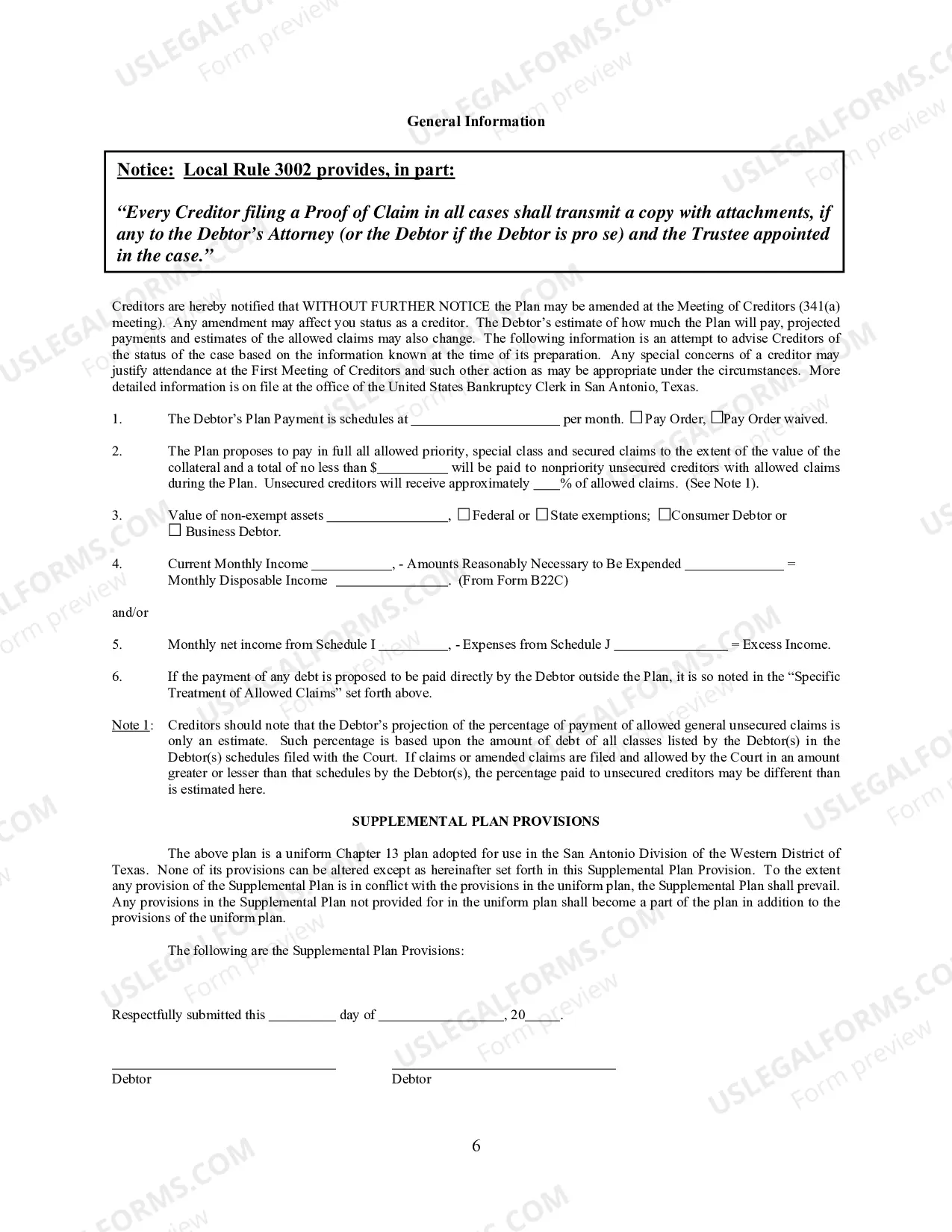 Preview Chapter 13 Plan Form - San Antonio Division (Effective for cases filed prior to November 1, 2017)