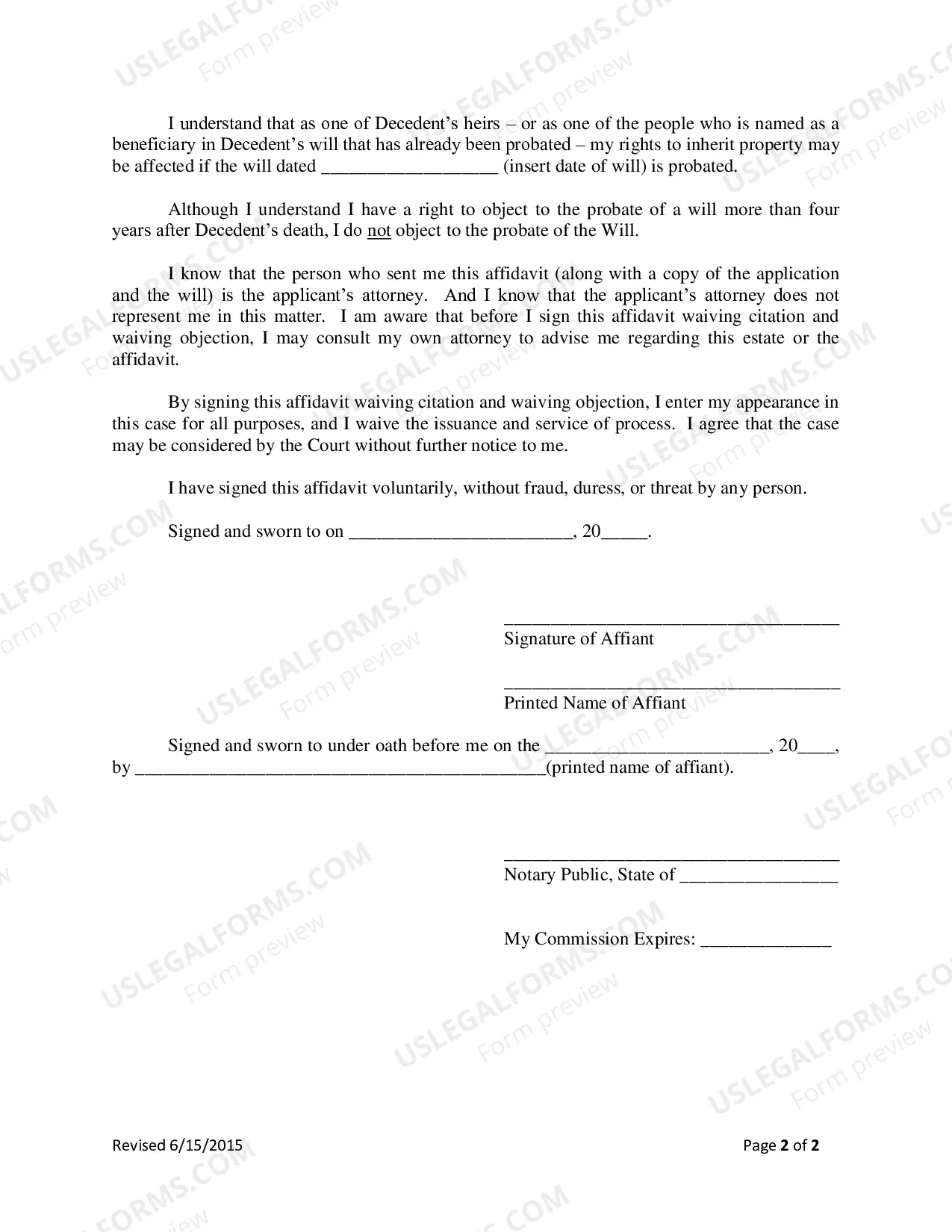 Preview Affidavit Waiving Citation and Waiving Objection for Probate of a Will more than 4 Years after the Decedent's Death
