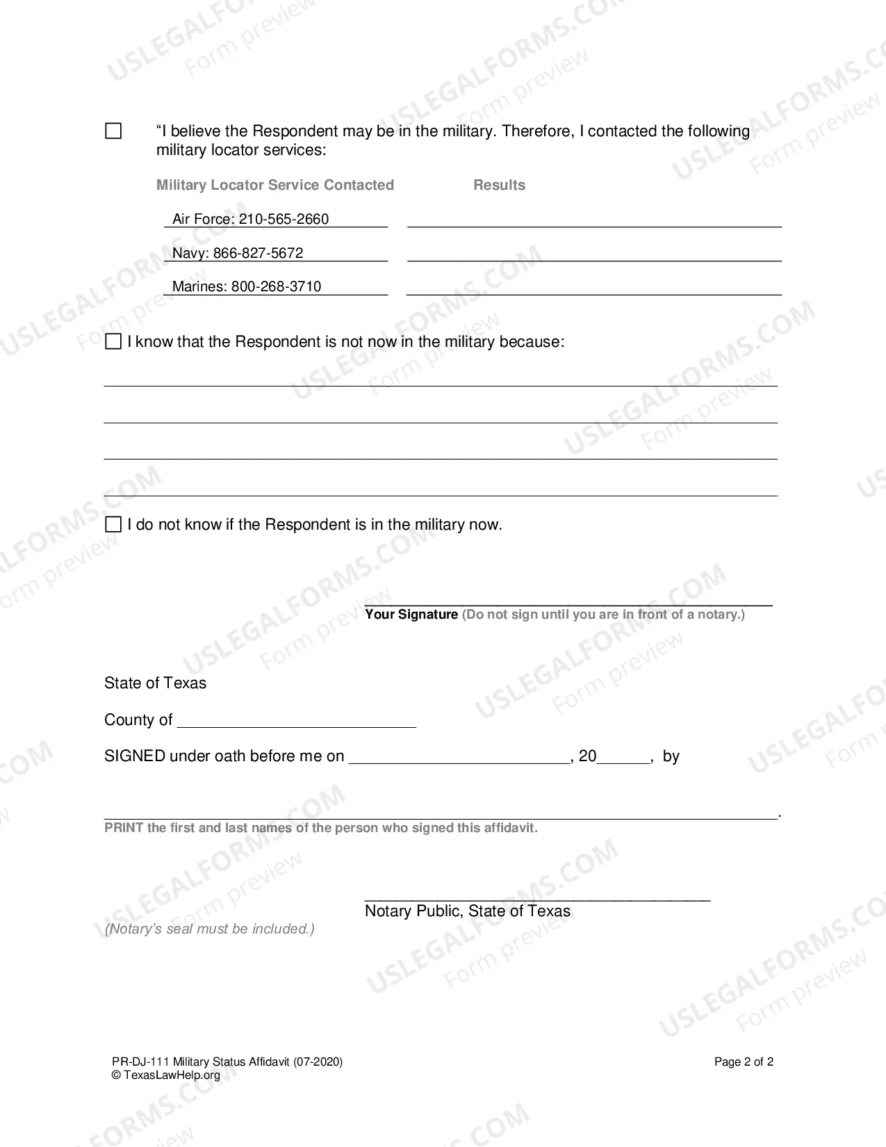 Preview Military Status Affidavit