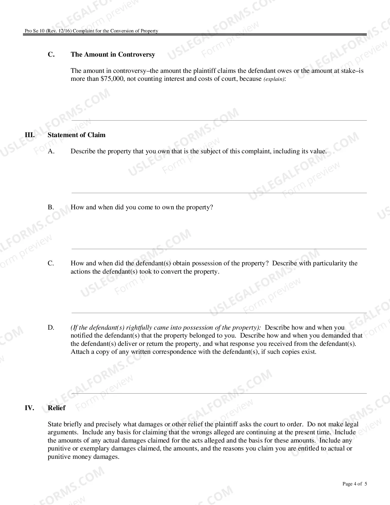 Preview Complaint for the Conversion of Property