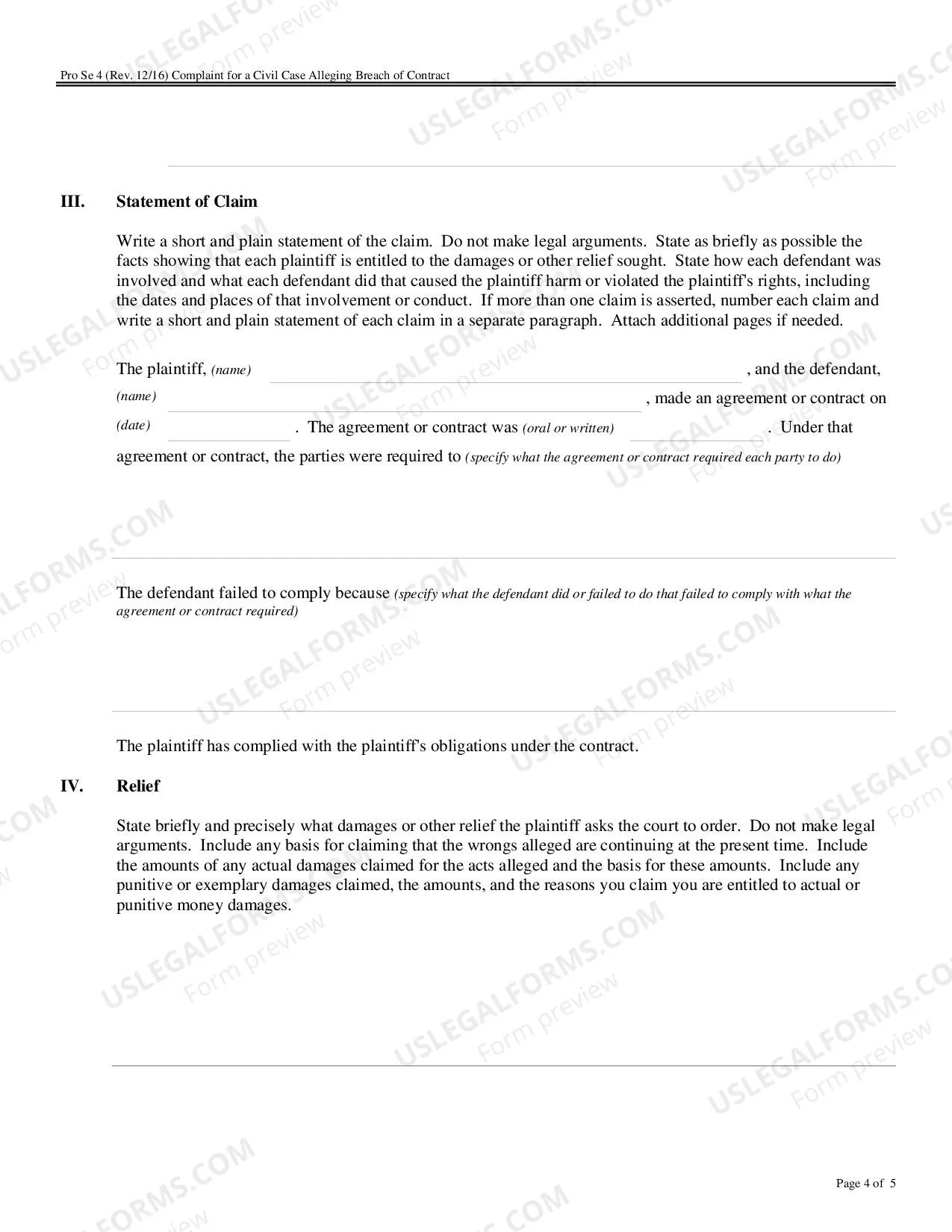 Preview Complaint for a Civil Case Alleging Breach of Contract