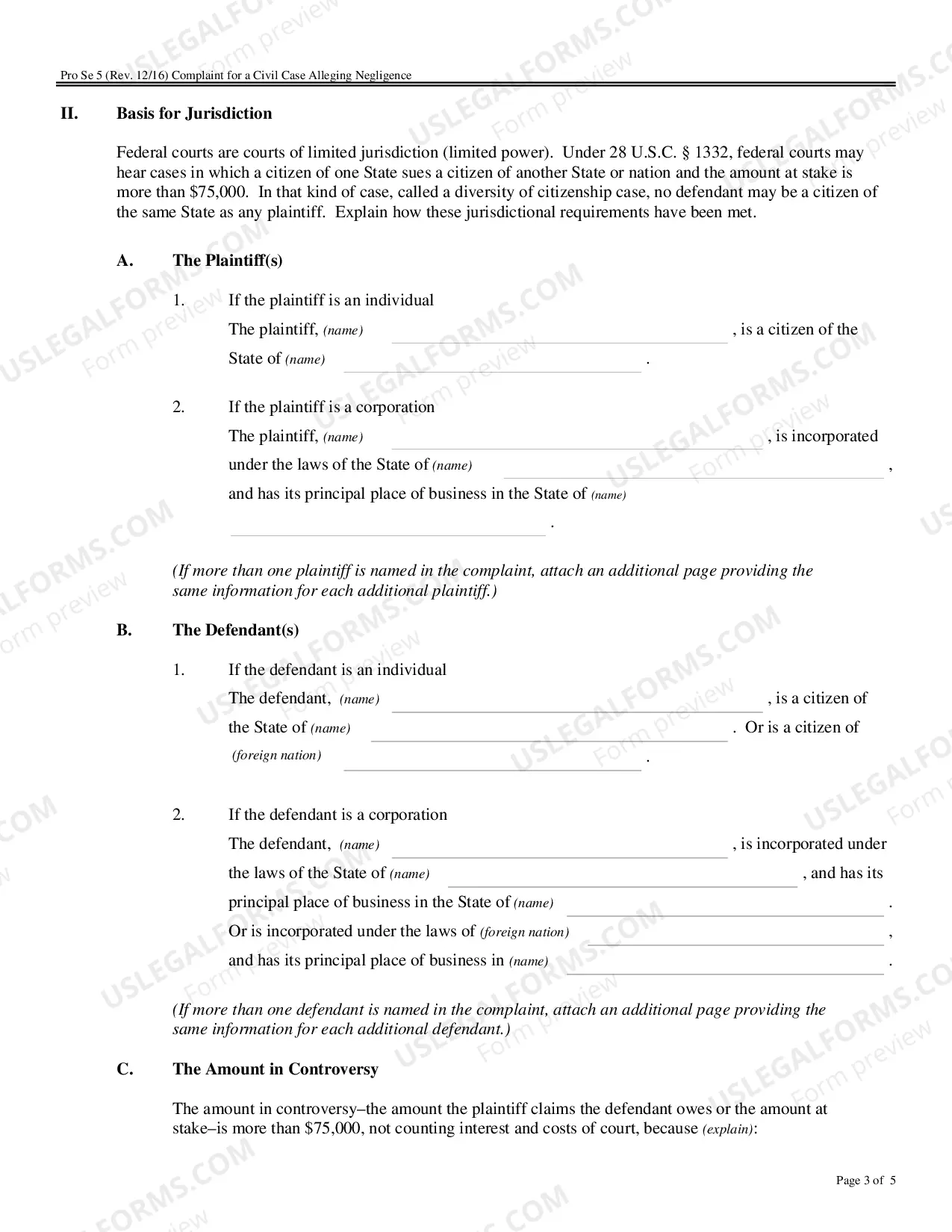 Preview Complaint for a Civil Case Alleging Negligence
