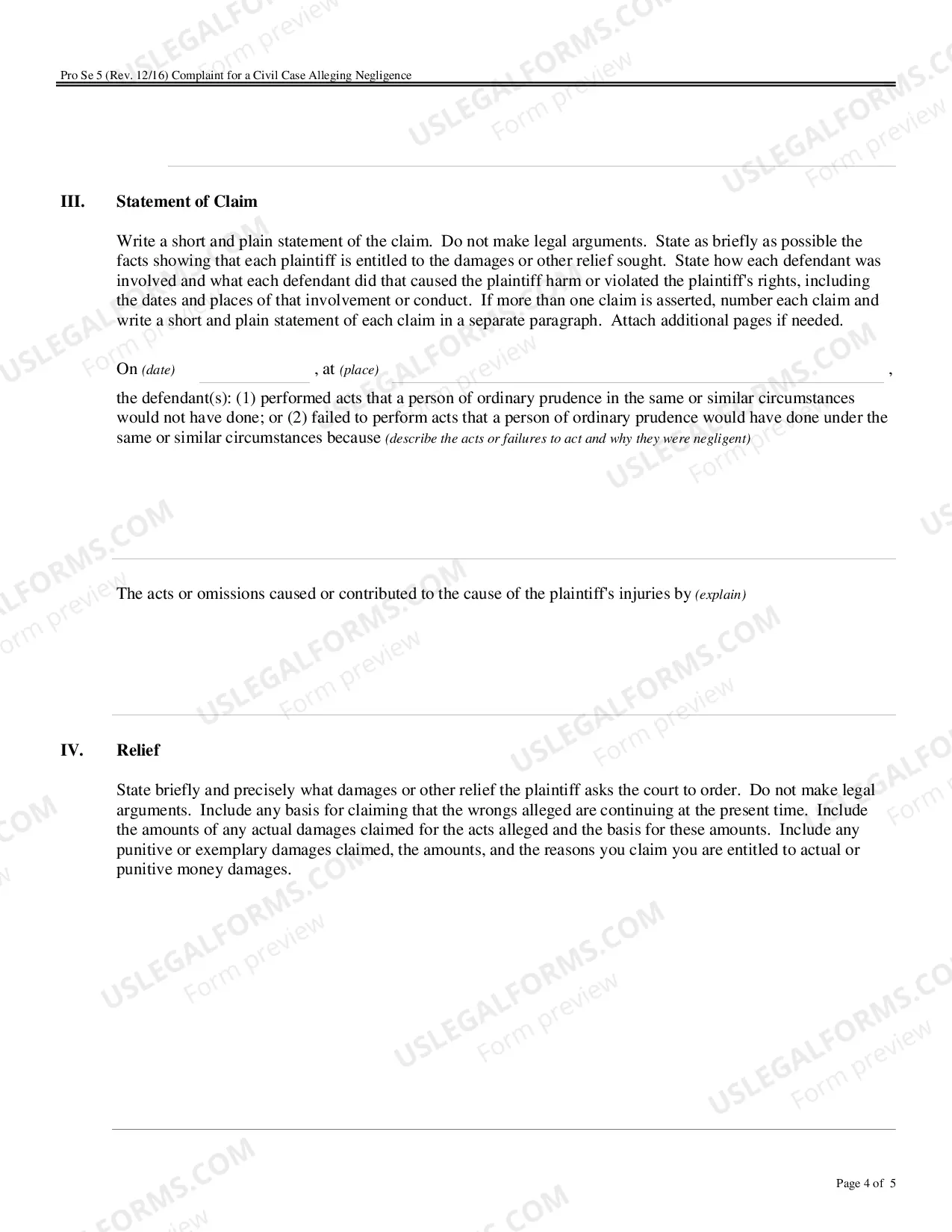 Preview Complaint for a Civil Case Alleging Negligence