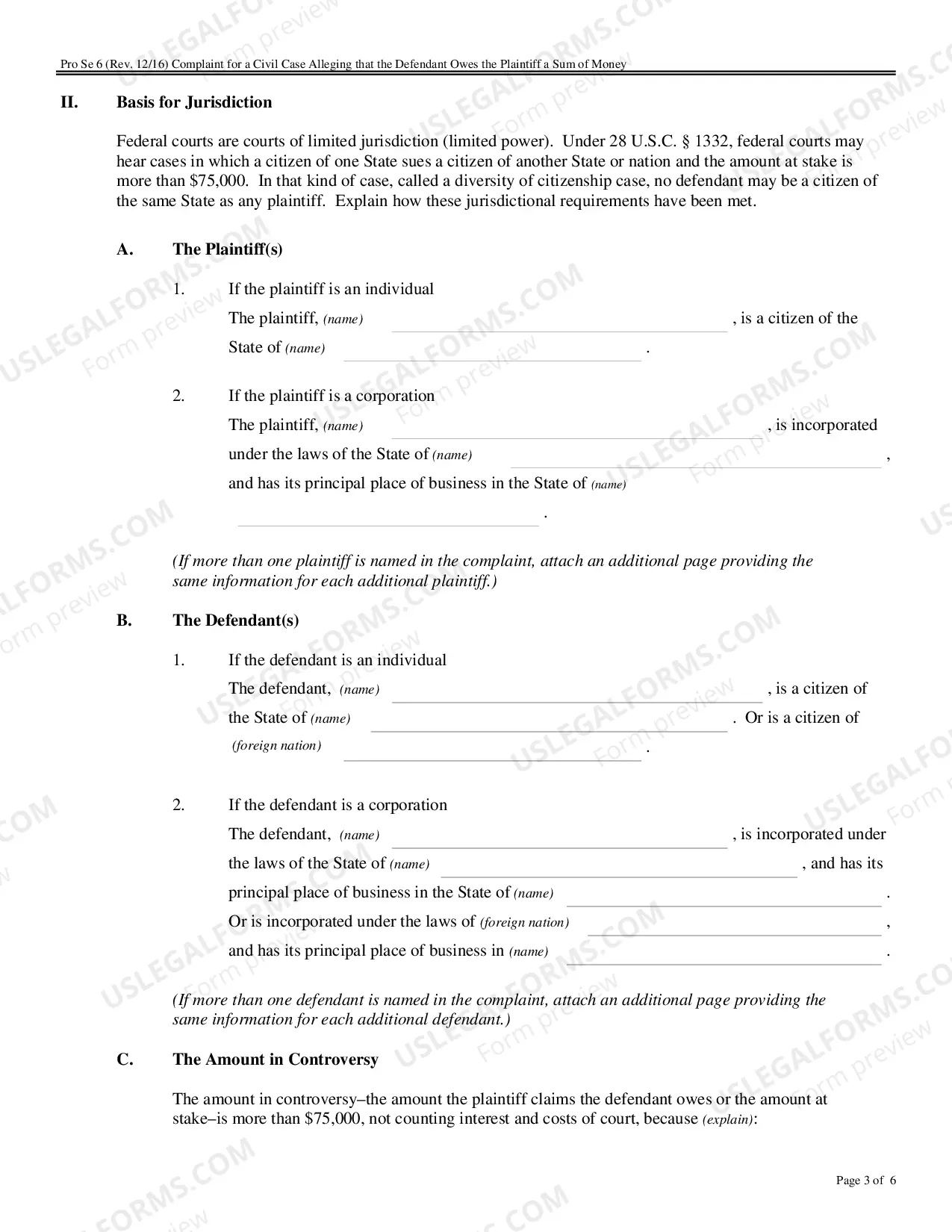 Preview Complaint for a Civil Case Alleging that the Defendant Owes the Plaintiff a Sum of Money