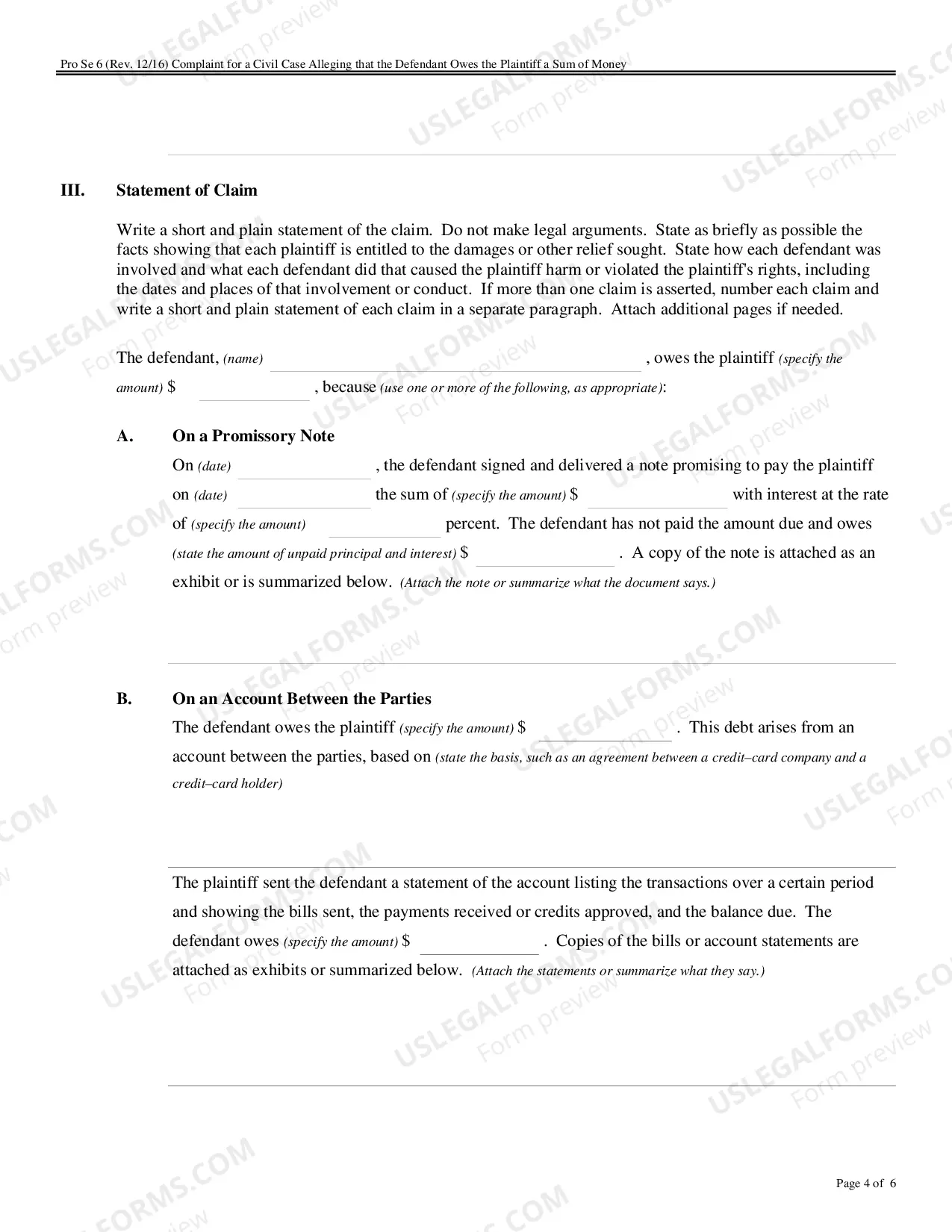 Preview Complaint for a Civil Case Alleging that the Defendant Owes the Plaintiff a Sum of Money