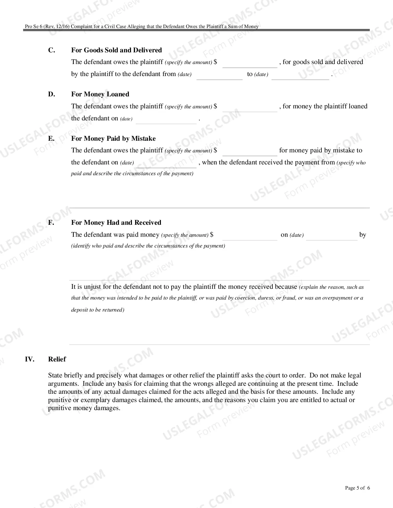 Preview Complaint for a Civil Case Alleging that the Defendant Owes the Plaintiff a Sum of Money