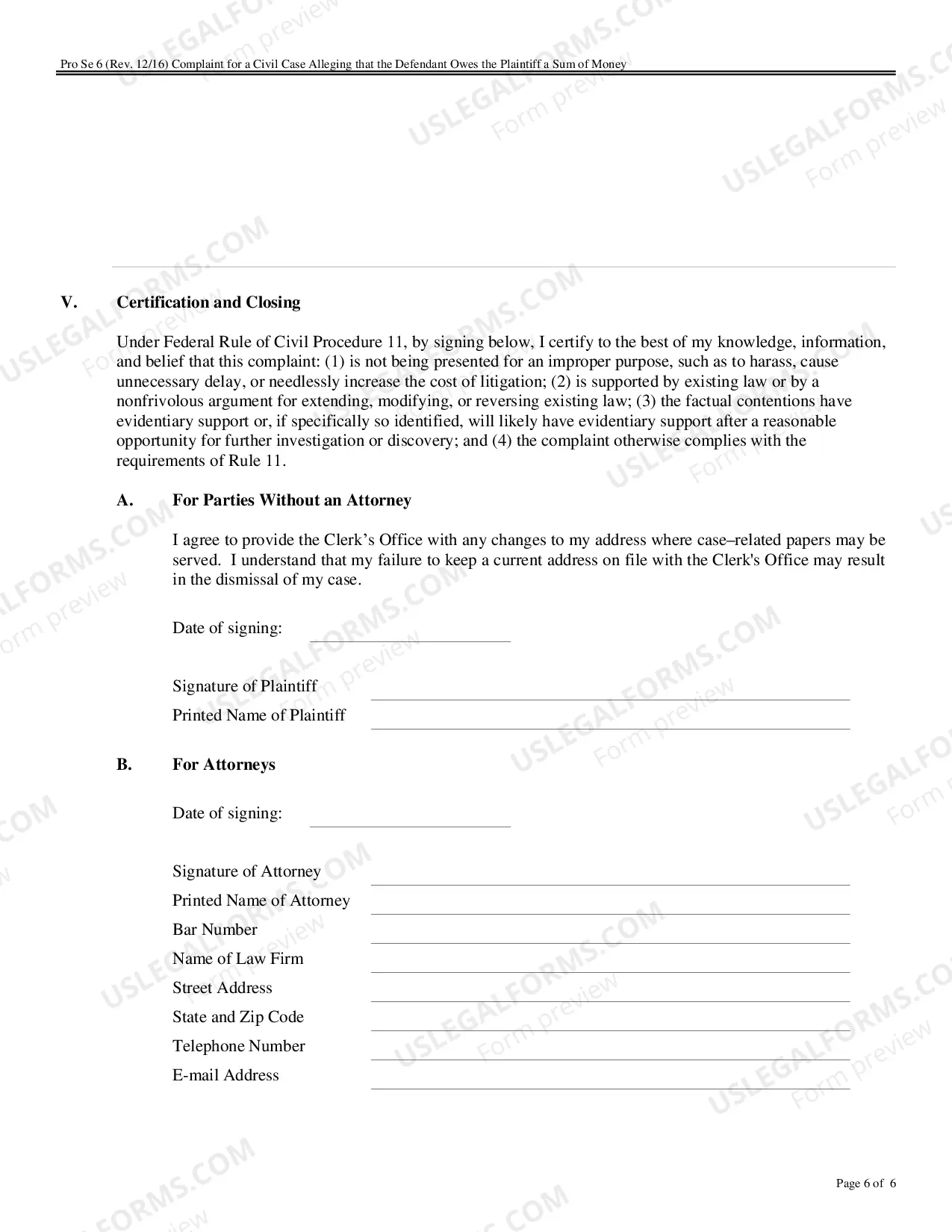 Preview Complaint for a Civil Case Alleging that the Defendant Owes the Plaintiff a Sum of Money