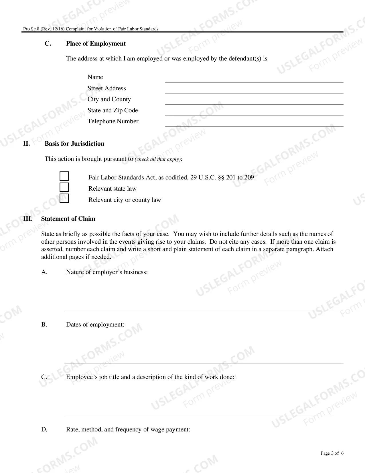Preview Complaint for Violations of Fair Labor Standards