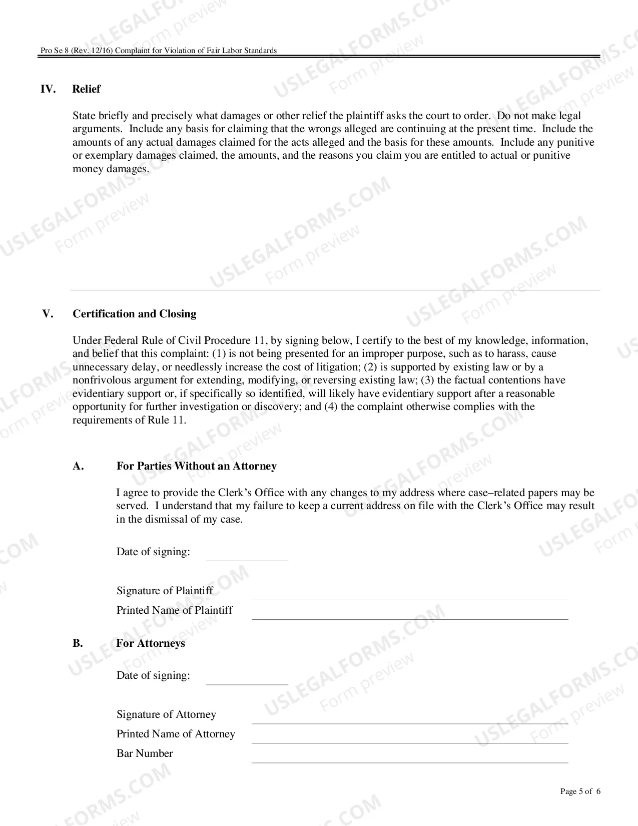 Preview Complaint for Violations of Fair Labor Standards