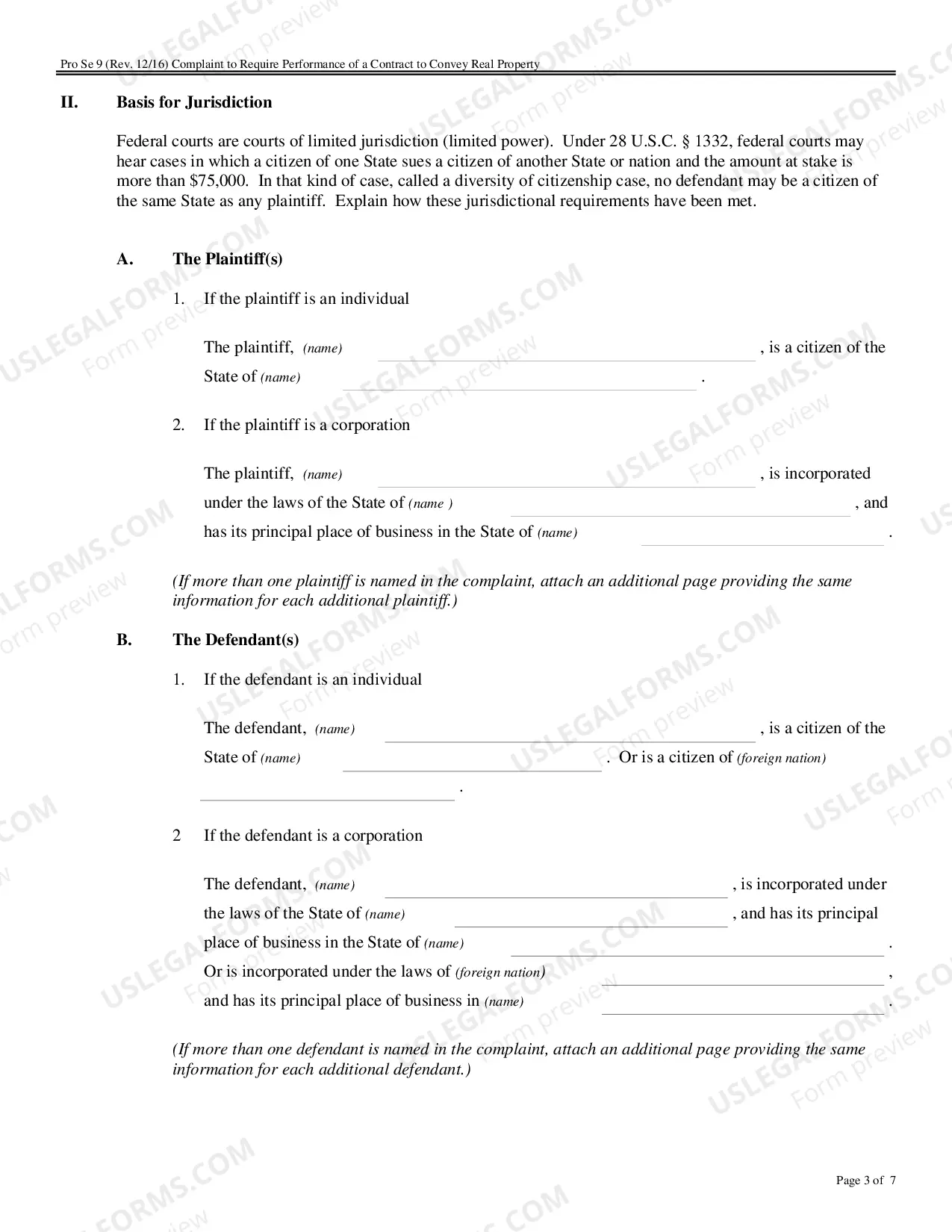 Preview Complaint for Specific Performance or Damages Based on a Contract to Convey Real Property