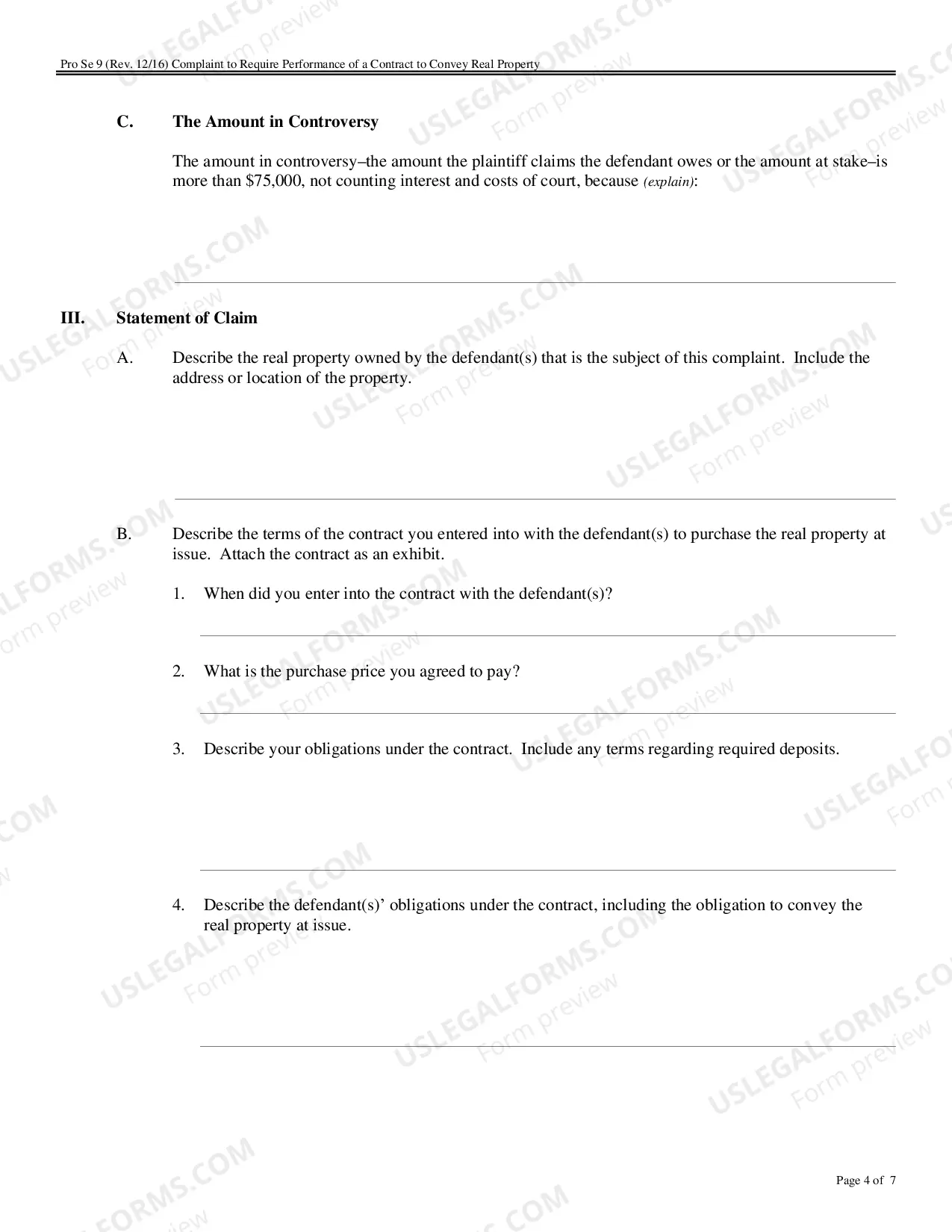 Preview Complaint for Specific Performance or Damages Based on a Contract to Convey Real Property