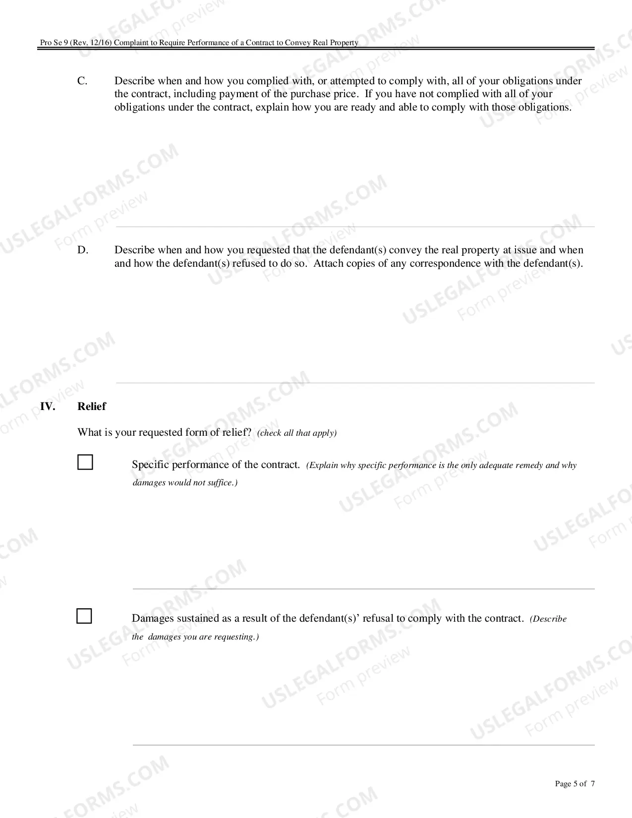 Preview Complaint for Specific Performance or Damages Based on a Contract to Convey Real Property