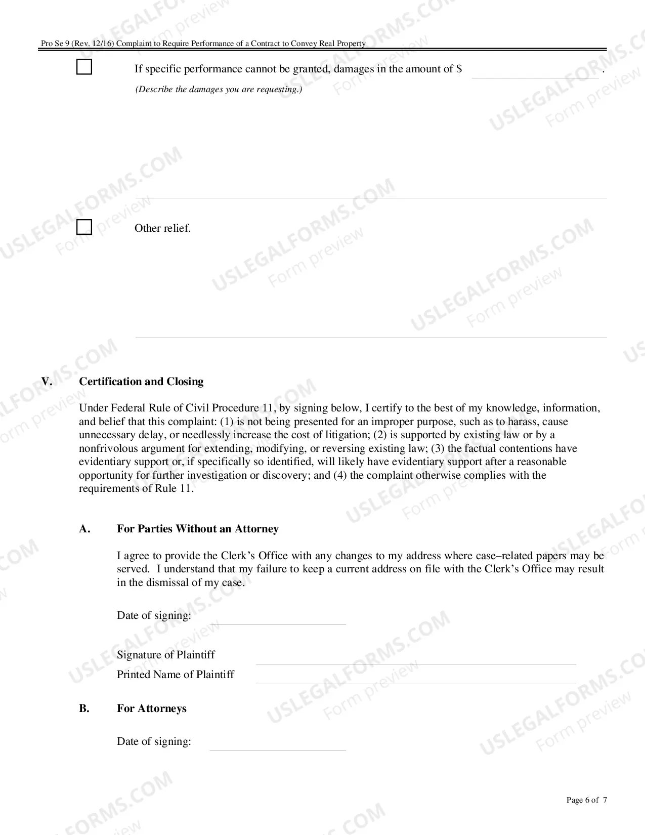 Preview Complaint for Specific Performance or Damages Based on a Contract to Convey Real Property