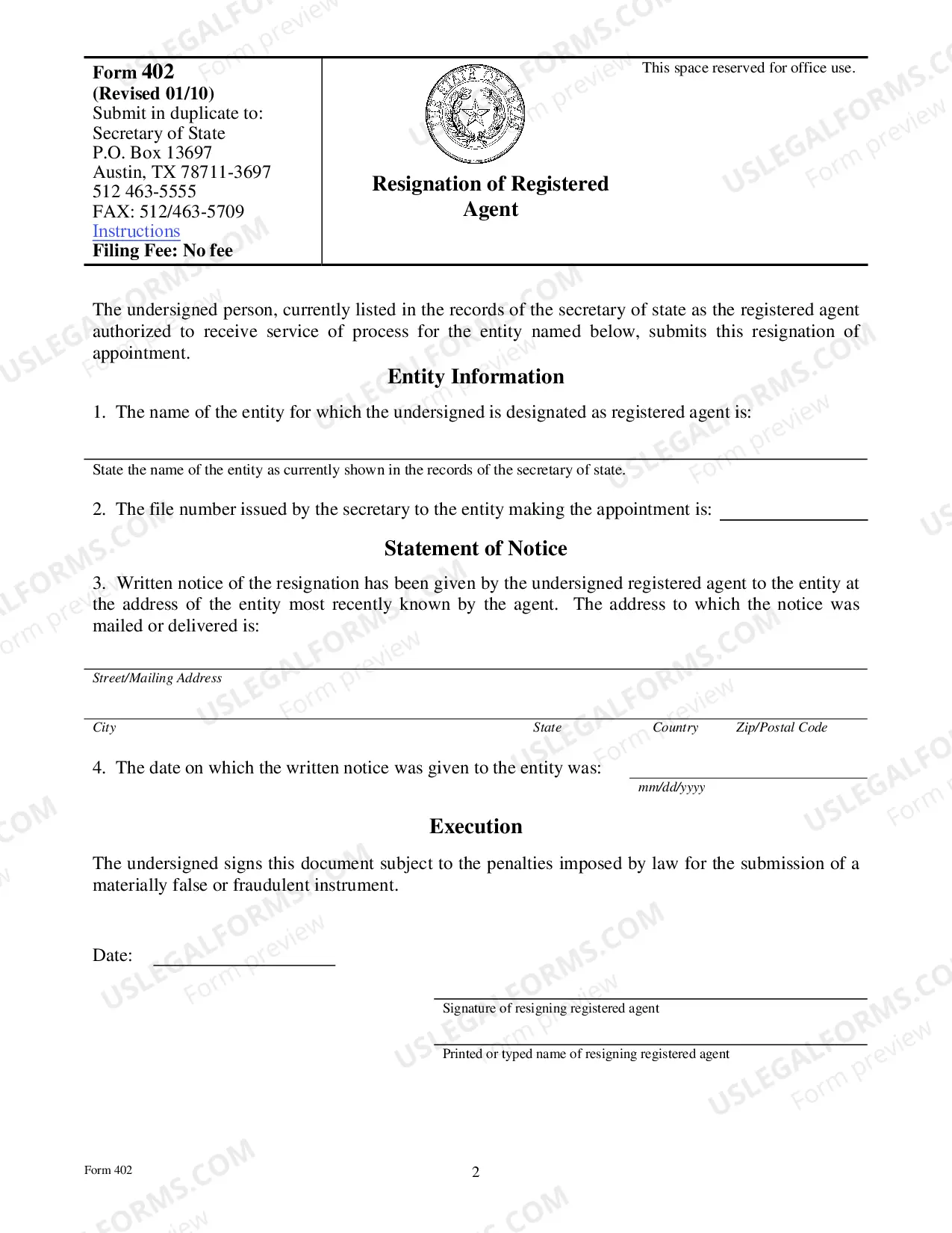 Preview Texas Change of Registered Agent or Address Change, or Resignation