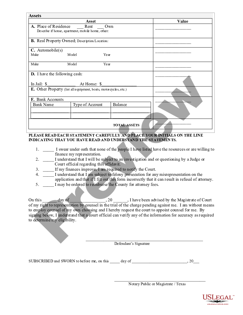 Texas Affidavit Of Indigency Us Legal Forms 8689