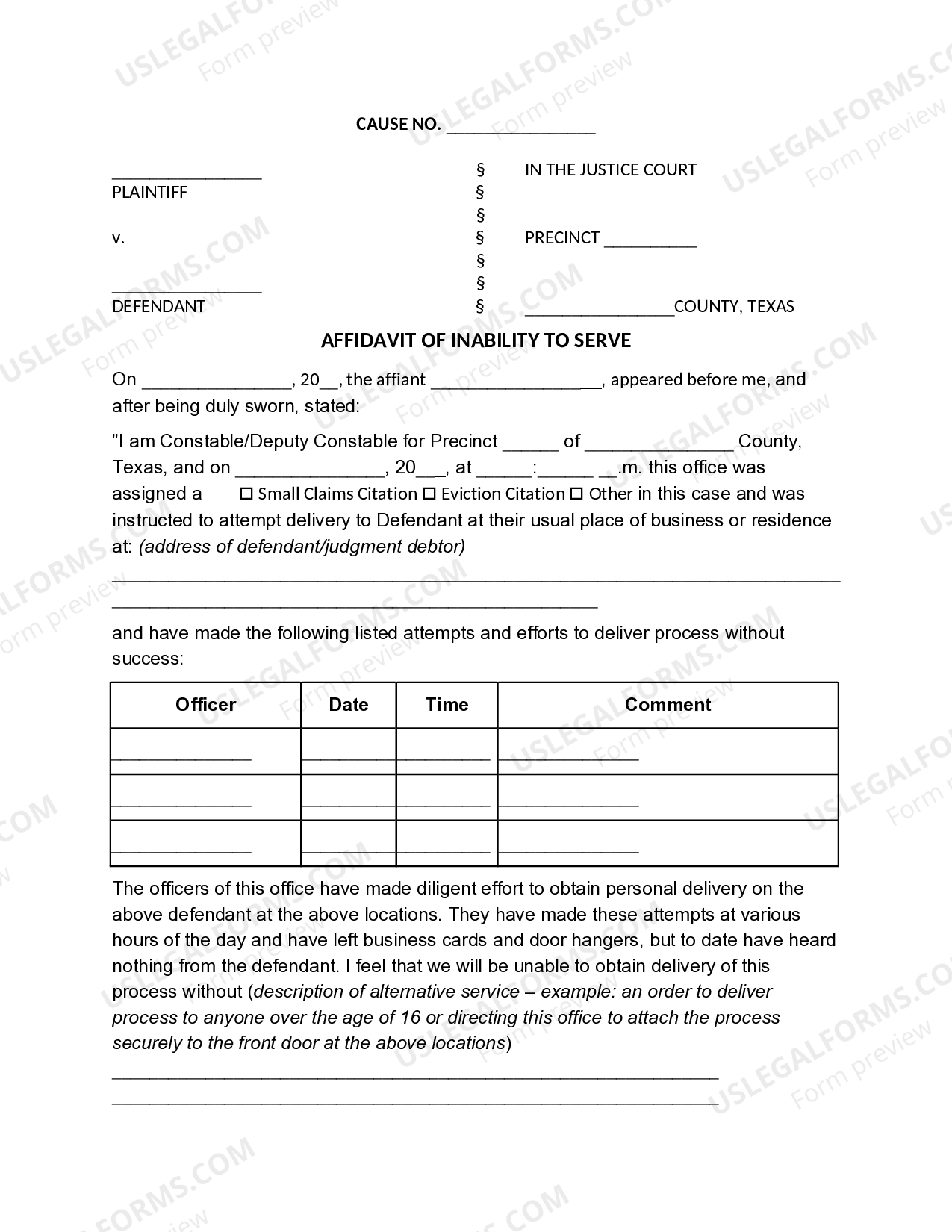 Texas Affidavit of Inability to Serve US Legal Forms