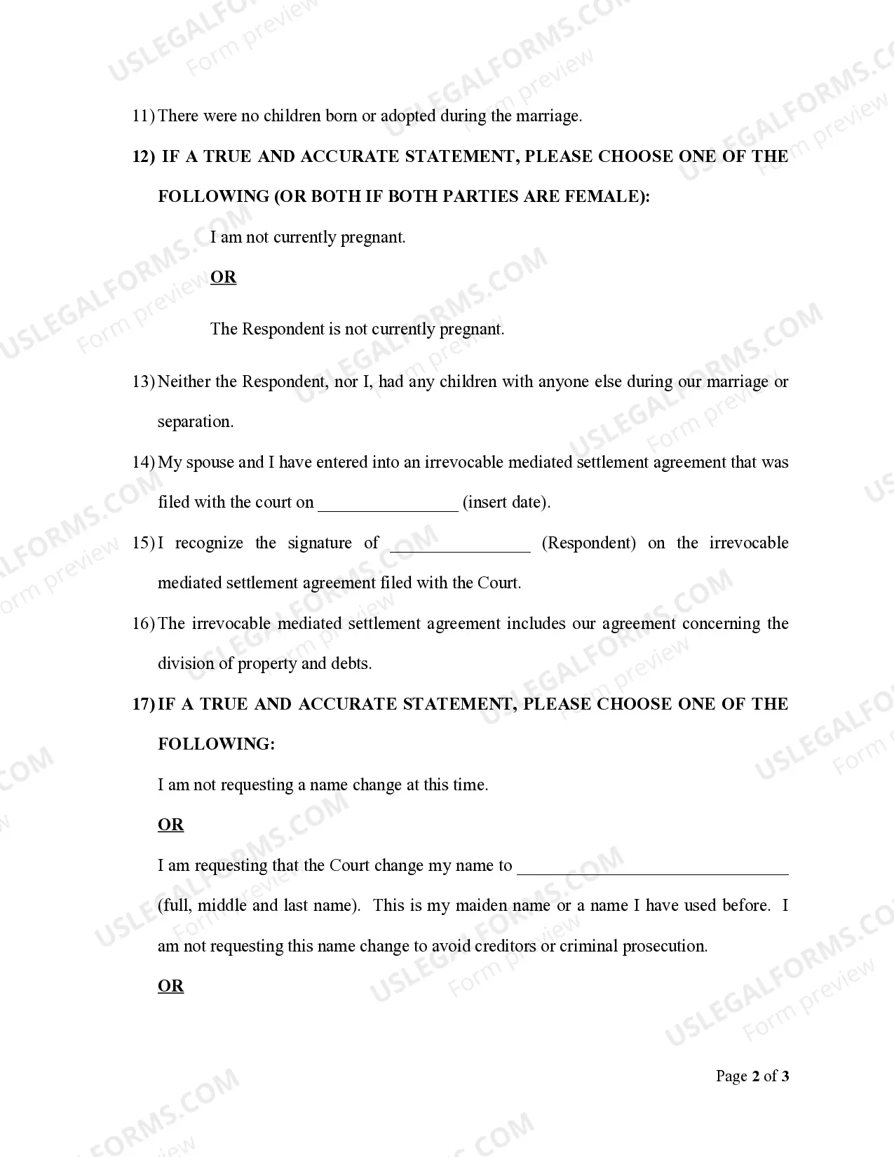 Preview Affidavit- Divorce -No Children