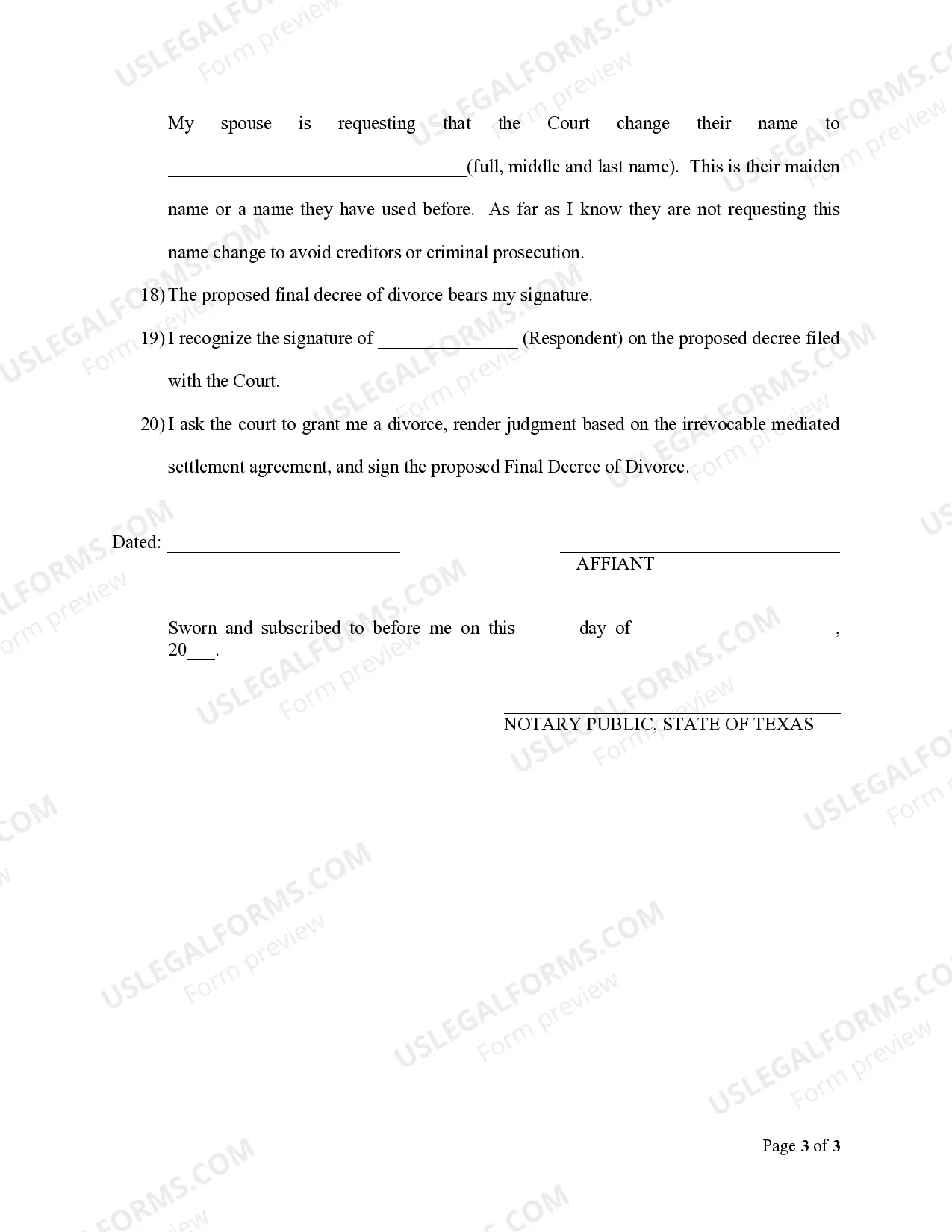 Preview Affidavit- Divorce -No Children