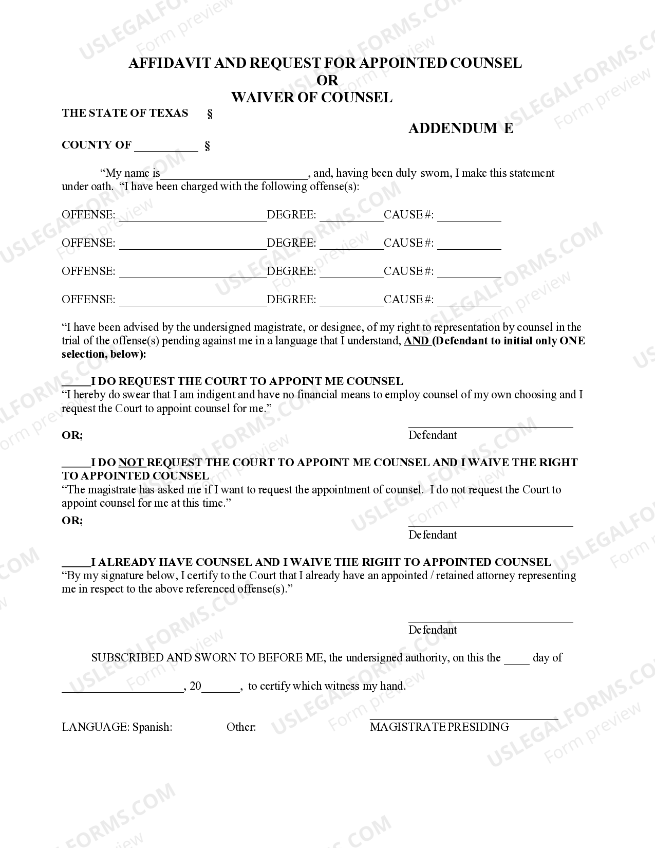 Texas Affidavit and Request for Appointed Counsel or Waiver of Counsel