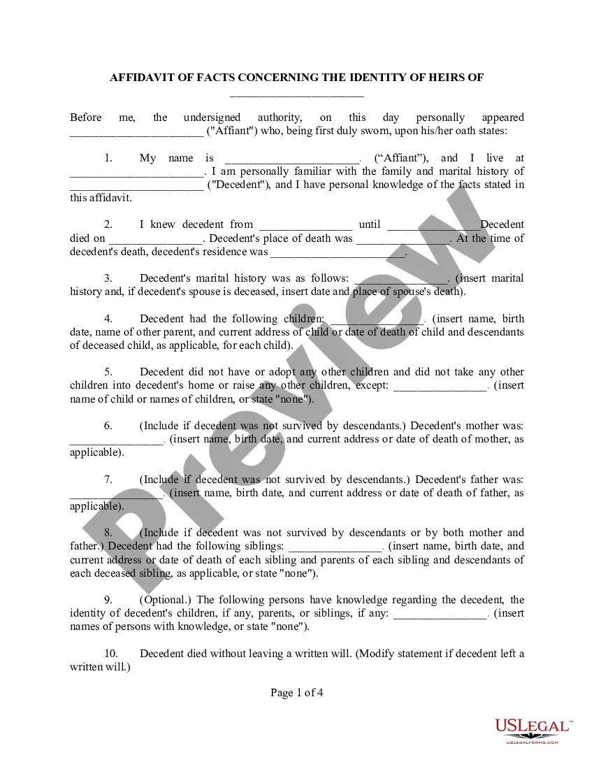 Texas Affidavit Of Facts Concerning The Identity Of Heirs Affidavit Of Facts Us Legal Forms