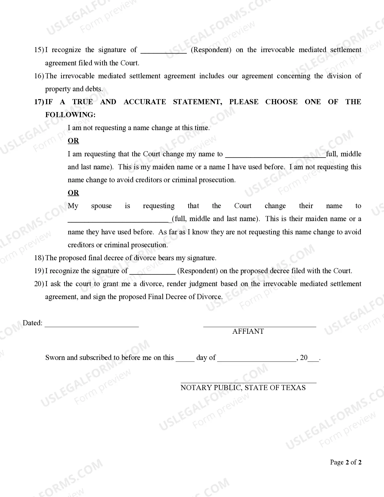 Preview Affidavit - Divorce No Children