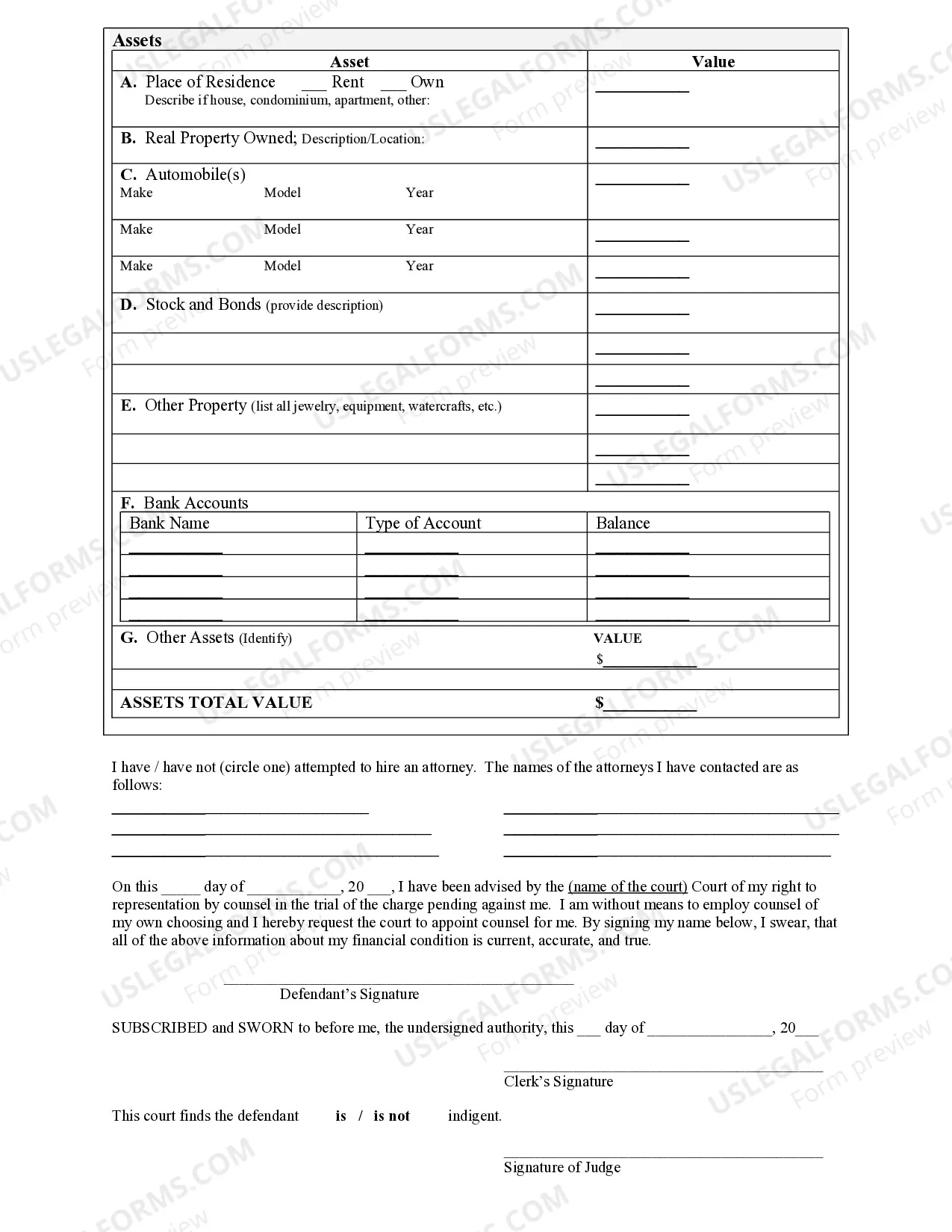 Preview Affidavit of Indigence