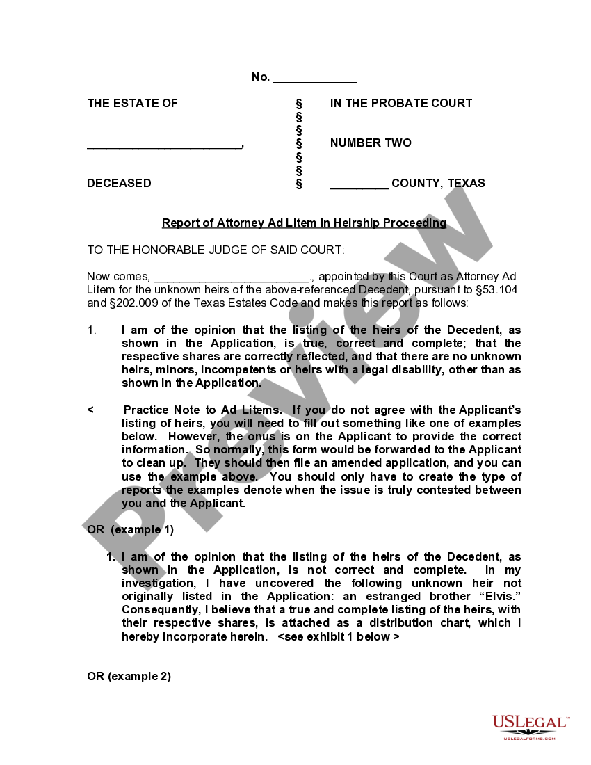 Texas Report of Attorney Ad Litem in Heirship Proceeding US Legal Forms