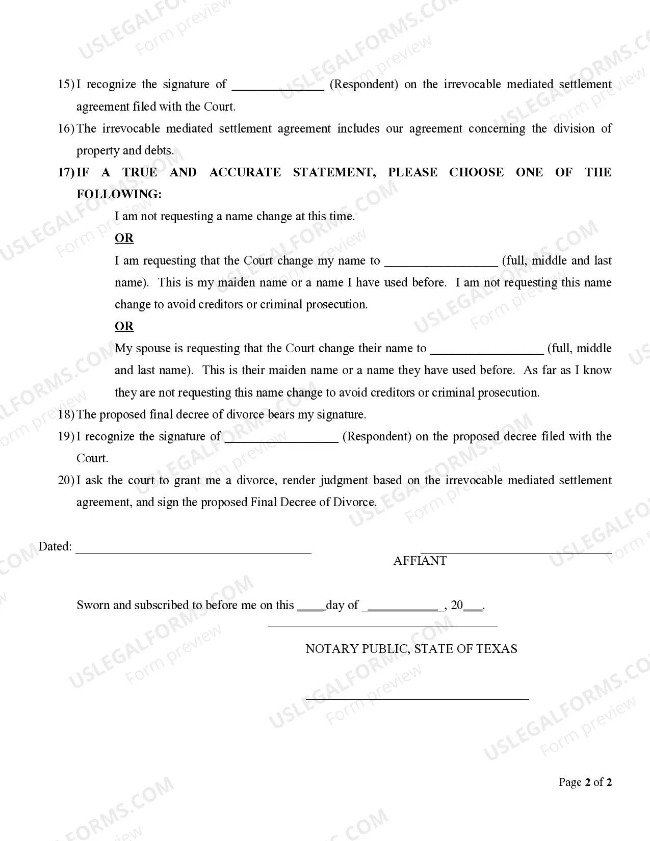 Preview Affidavit (MSA Ddivorceivorce- No Childdren)