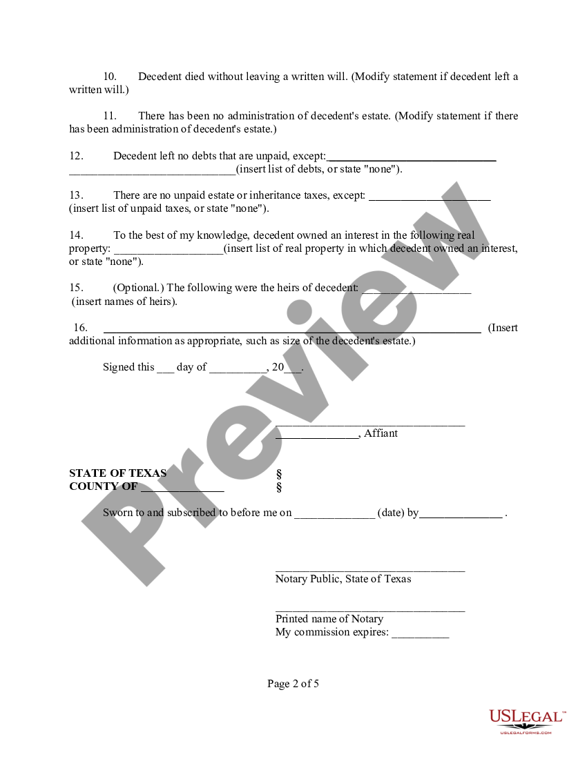 Texas Affidavit of Facts Concerning the Identity of Heirs | US Legal Forms