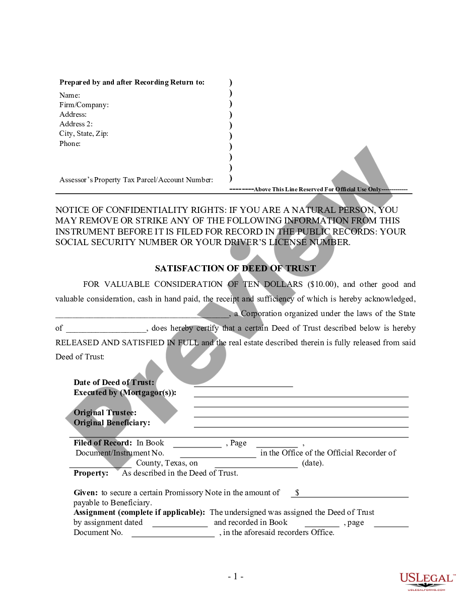 form Satisfaction of Deed of Trust - Mortgage - by Corporate Lender preview