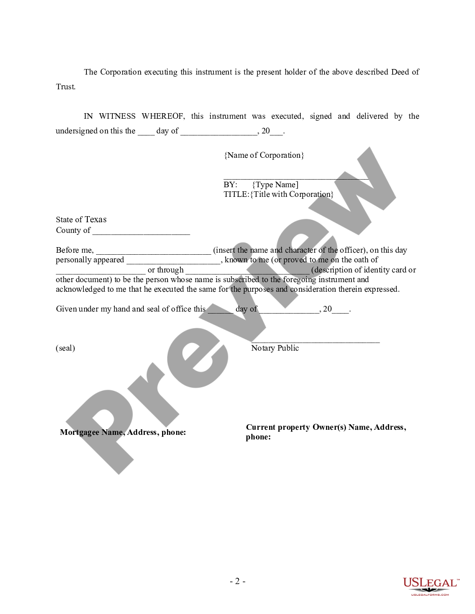 form Satisfaction of Deed of Trust - Mortgage - by Corporate Lender preview
