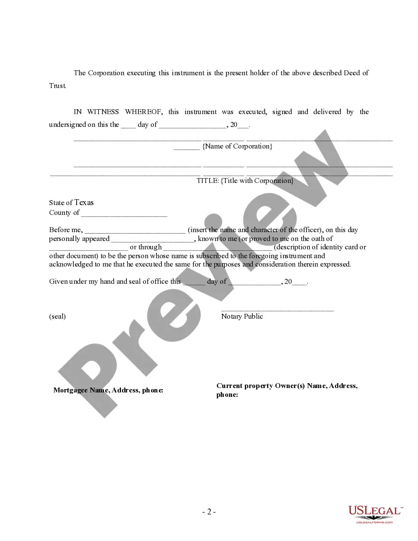 Preview Satisfaction of Deed of Trust - Mortgage - by Corporate Lender